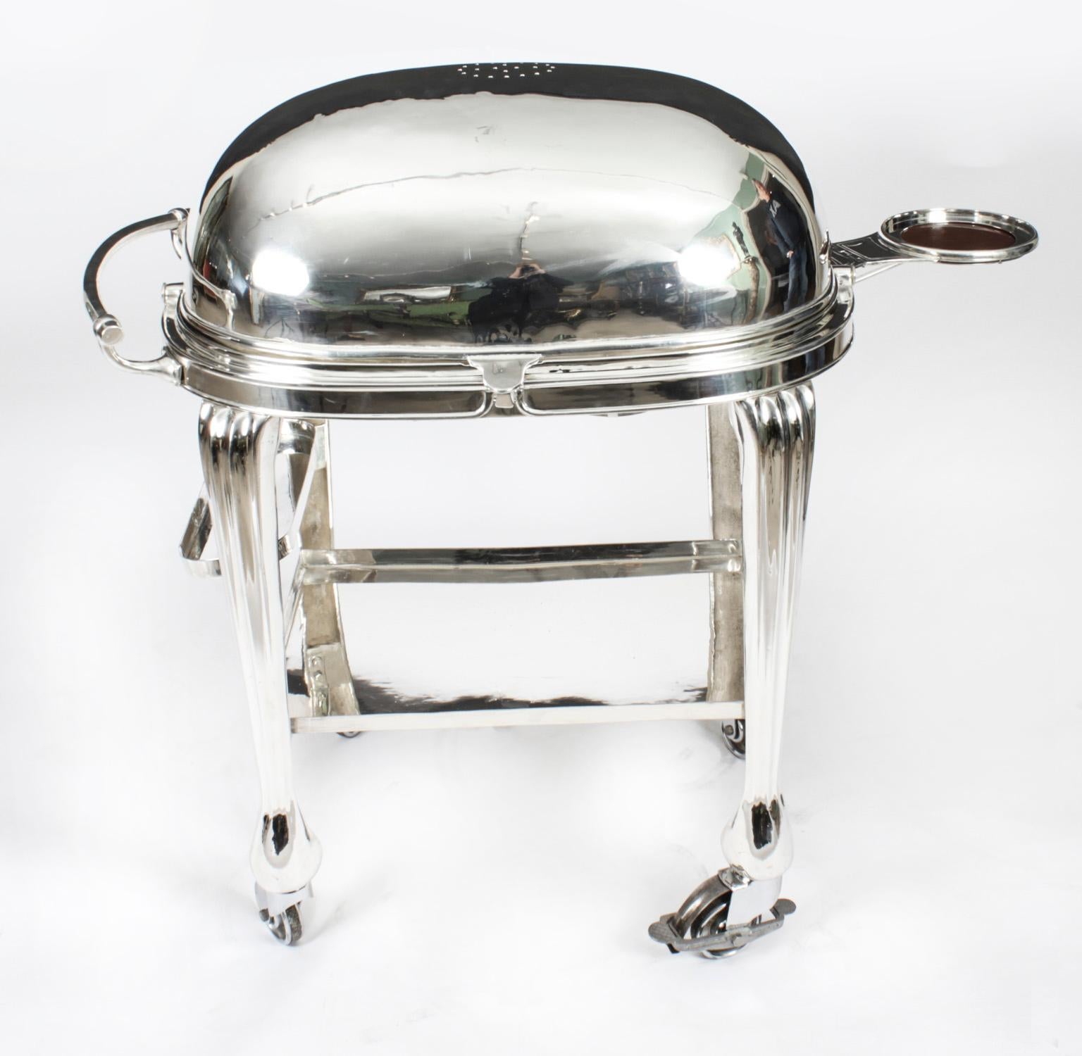 A magnificent and rare fully restored large antique Art Deco silver plated on copper serving trolley, by the renowned silversmith Elkington, circa 1930 in date. 
 
Serve your roast beef in style!!
 
This stunning trolley is suitable for serving