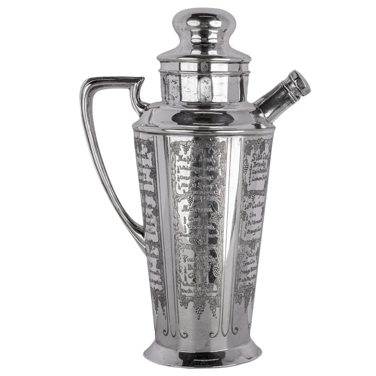 American Antique Art Deco Silver Plated Engraved Cocktail Recipe Shaker What'll Yer Have For Sale
