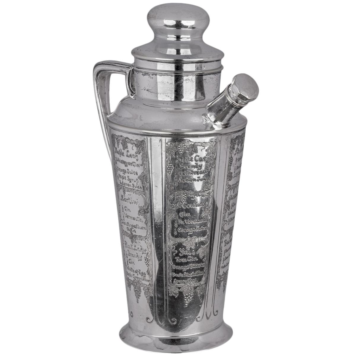 Antique Art Deco Silver Plated Engraved Cocktail Recipe Shaker What'll Yer Have In Good Condition For Sale In Portland, OR