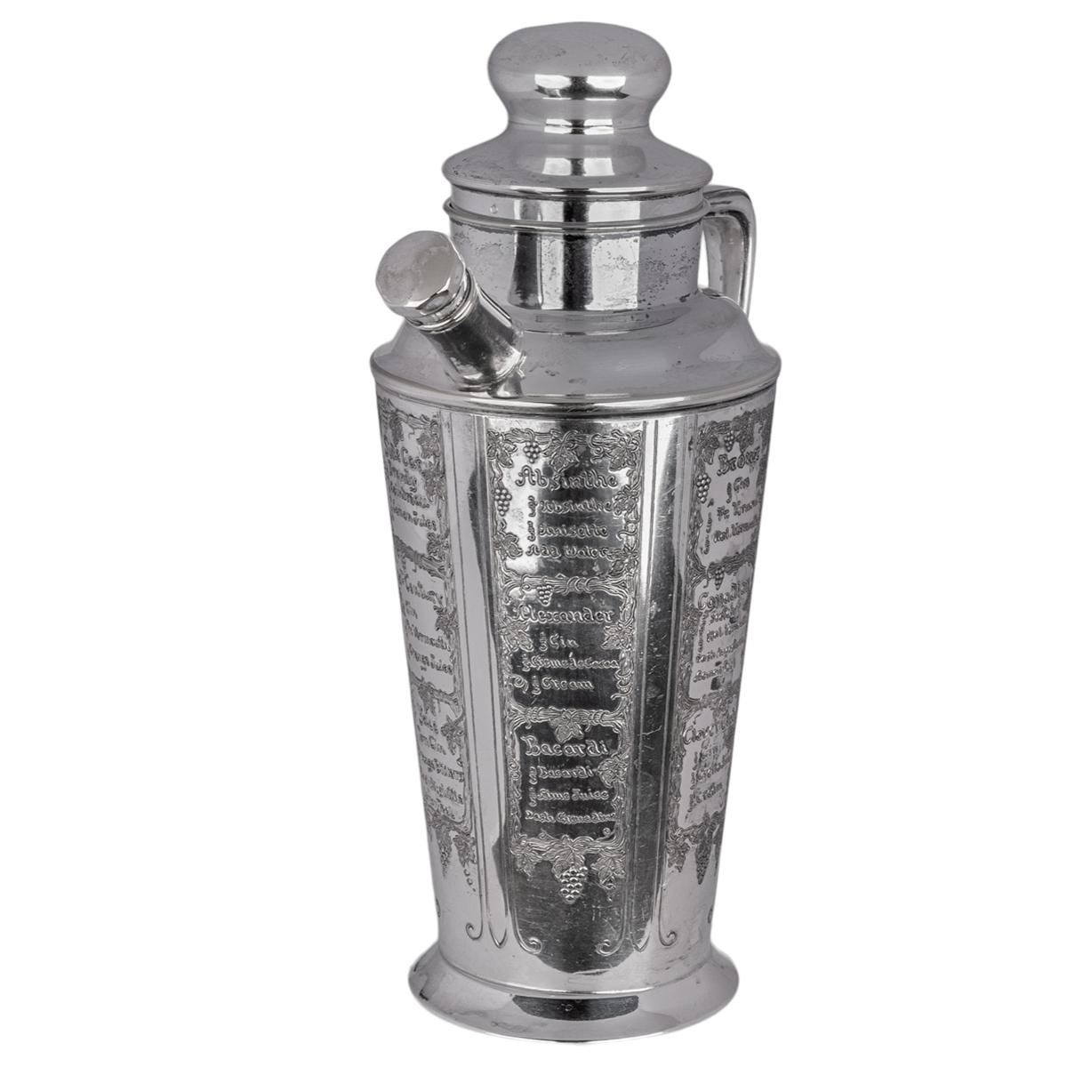 Mid-20th Century Antique Art Deco Silver Plated Engraved Cocktail Recipe Shaker What'll Yer Have For Sale