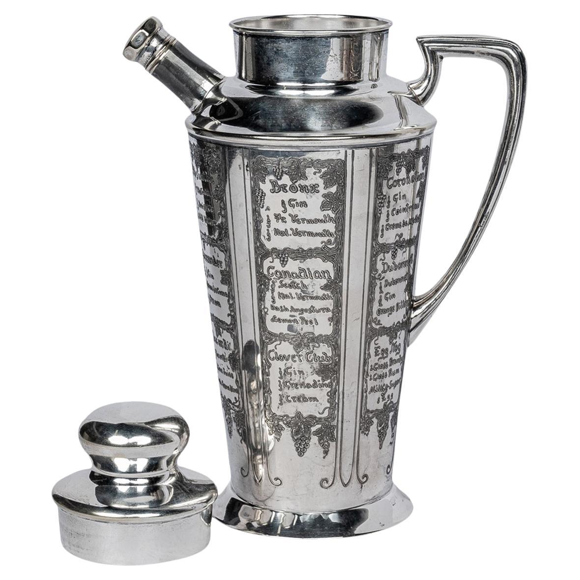 Antique Art Deco Silver Plated Engraved Cocktail Recipe Shaker What'll Yer Have For Sale