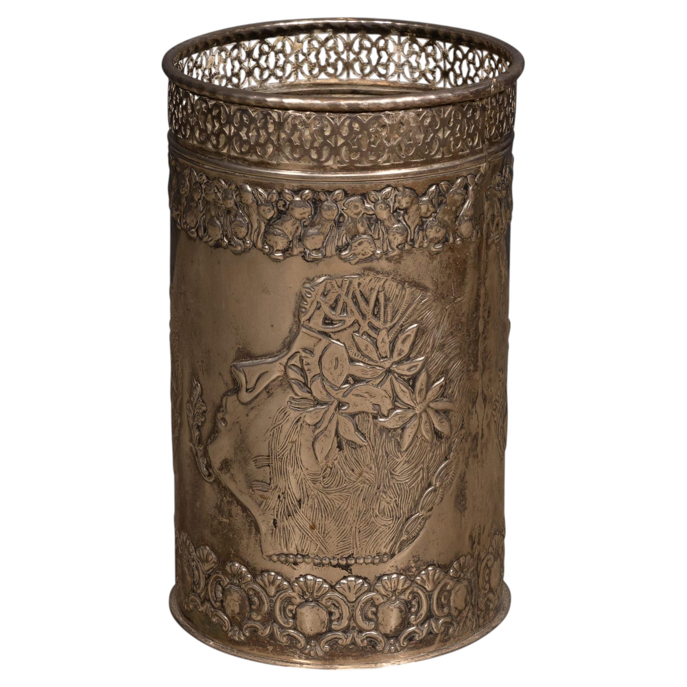 Antico cestino per la carta igienica placcato in argento Art Deco C.C. 1920 in vendita