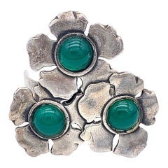 Antique Art Deco Silver Triple Flower Chalcedony Cabochon Ring