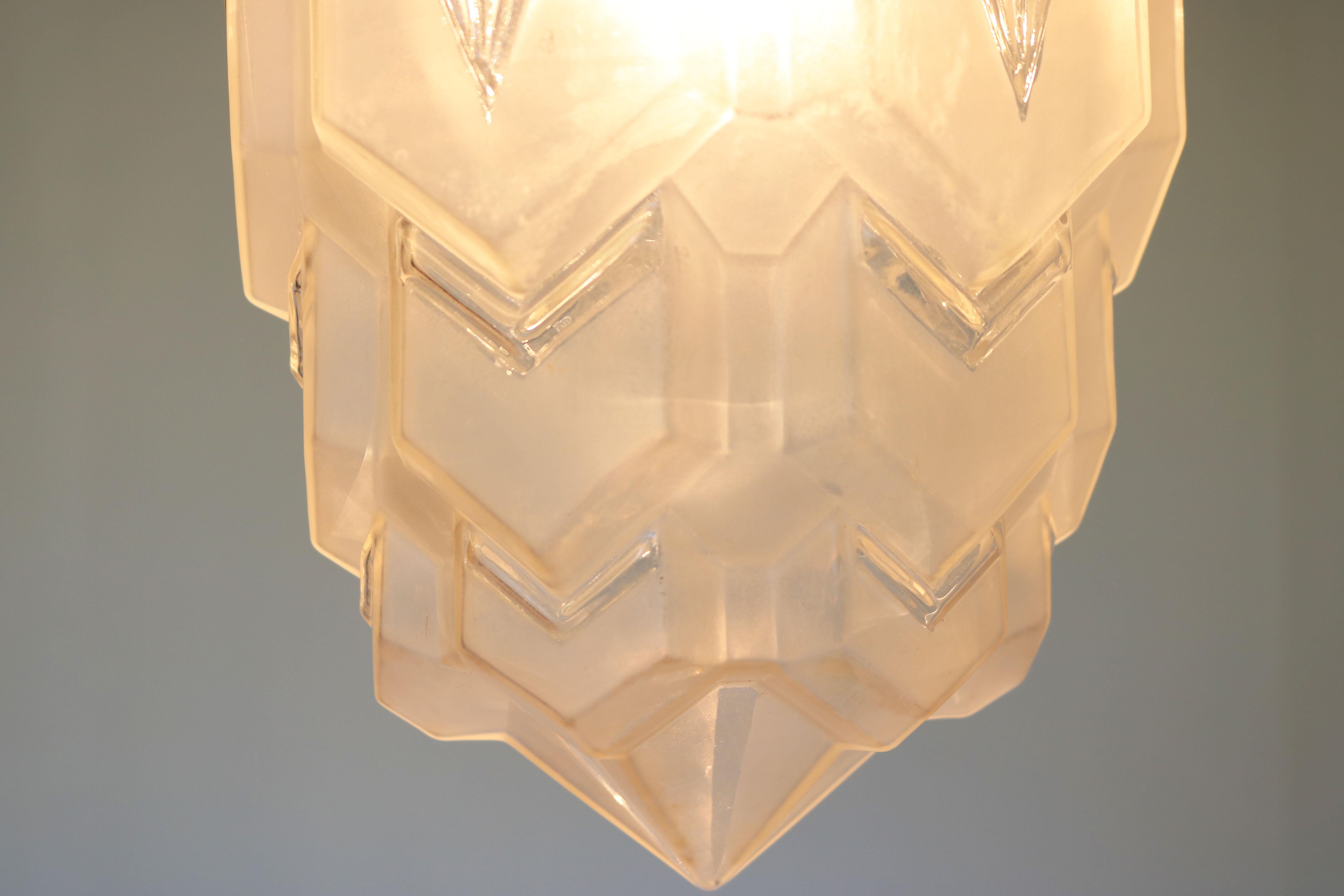 French Antique Art Deco Skyscraper Pendant Light / Lamp 1920 Bauhaus Style Glass