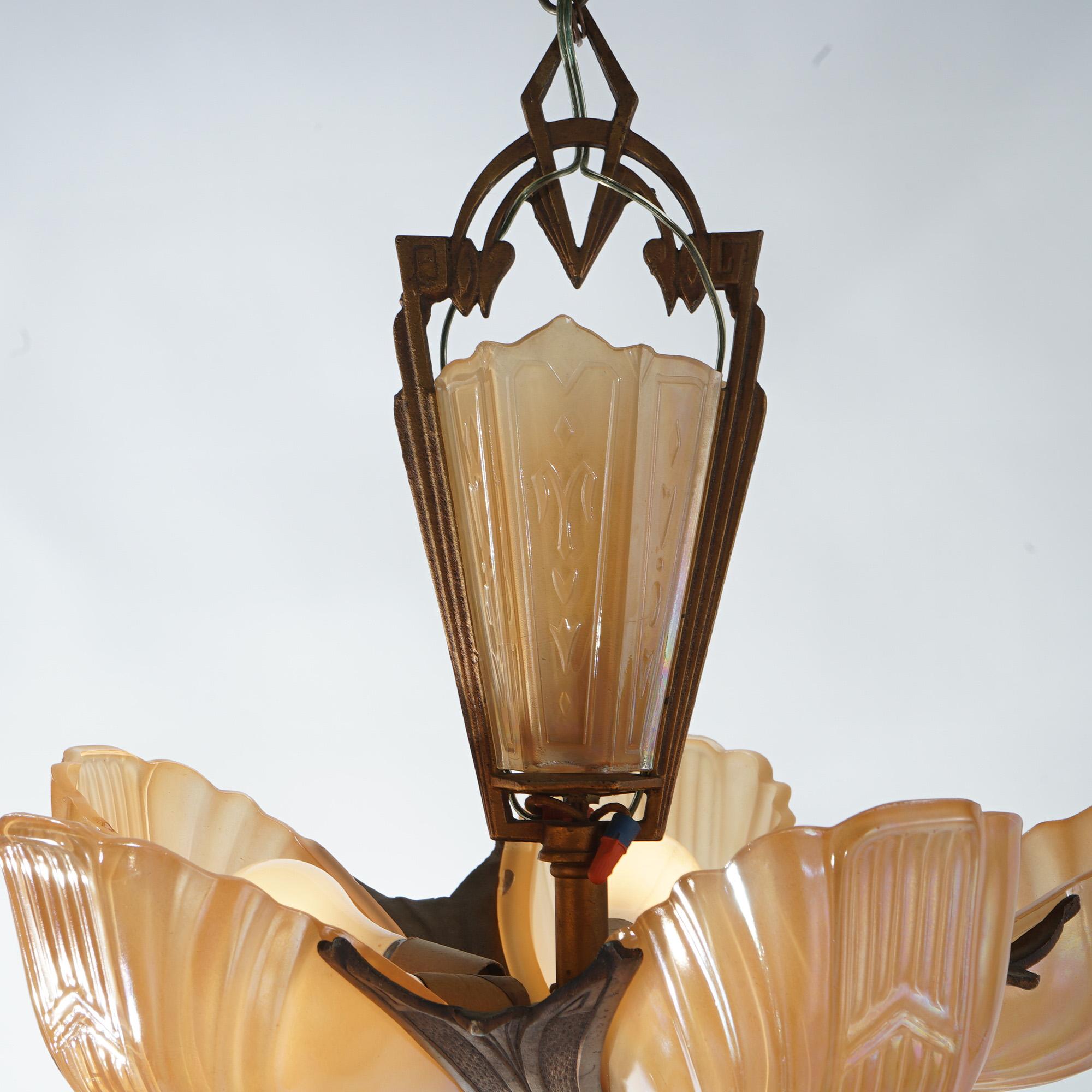 Antique Art Deco Slip Shade Chandelier with Amber Glass Shades C1920 4