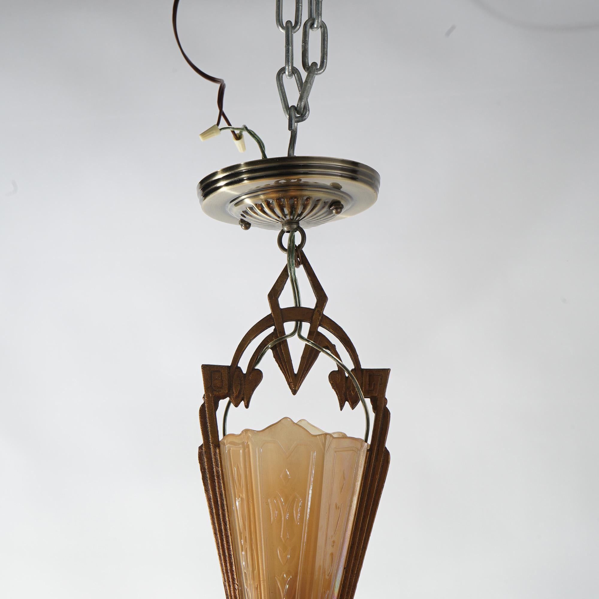Antique Art Deco Slip Shade Chandelier with Amber Glass Shades C1920 5