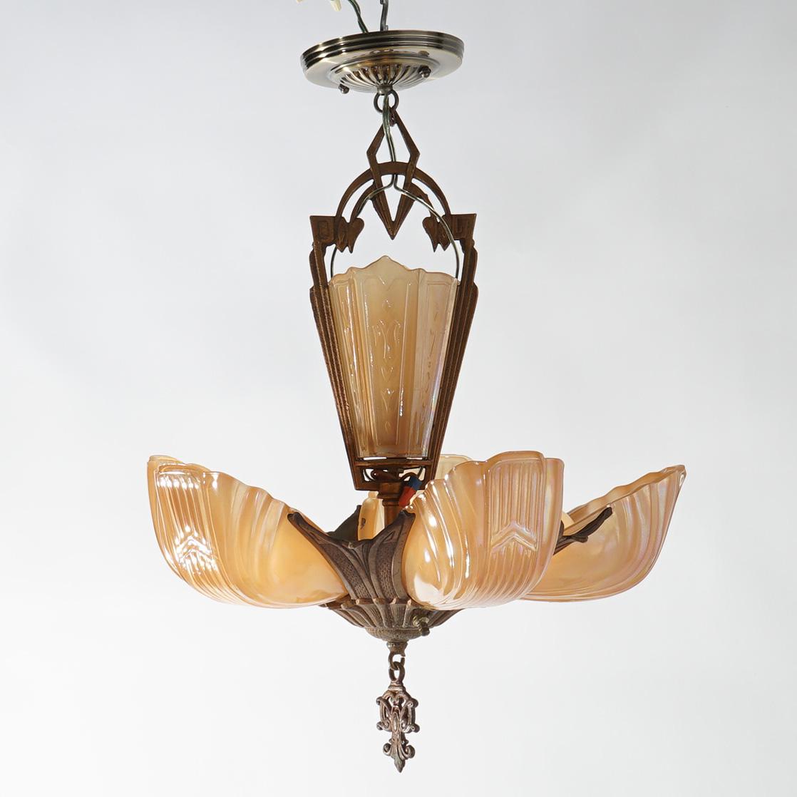 Antique Art Deco Slip Shade Chandelier with Amber Glass Shades C1920

Measures - 22