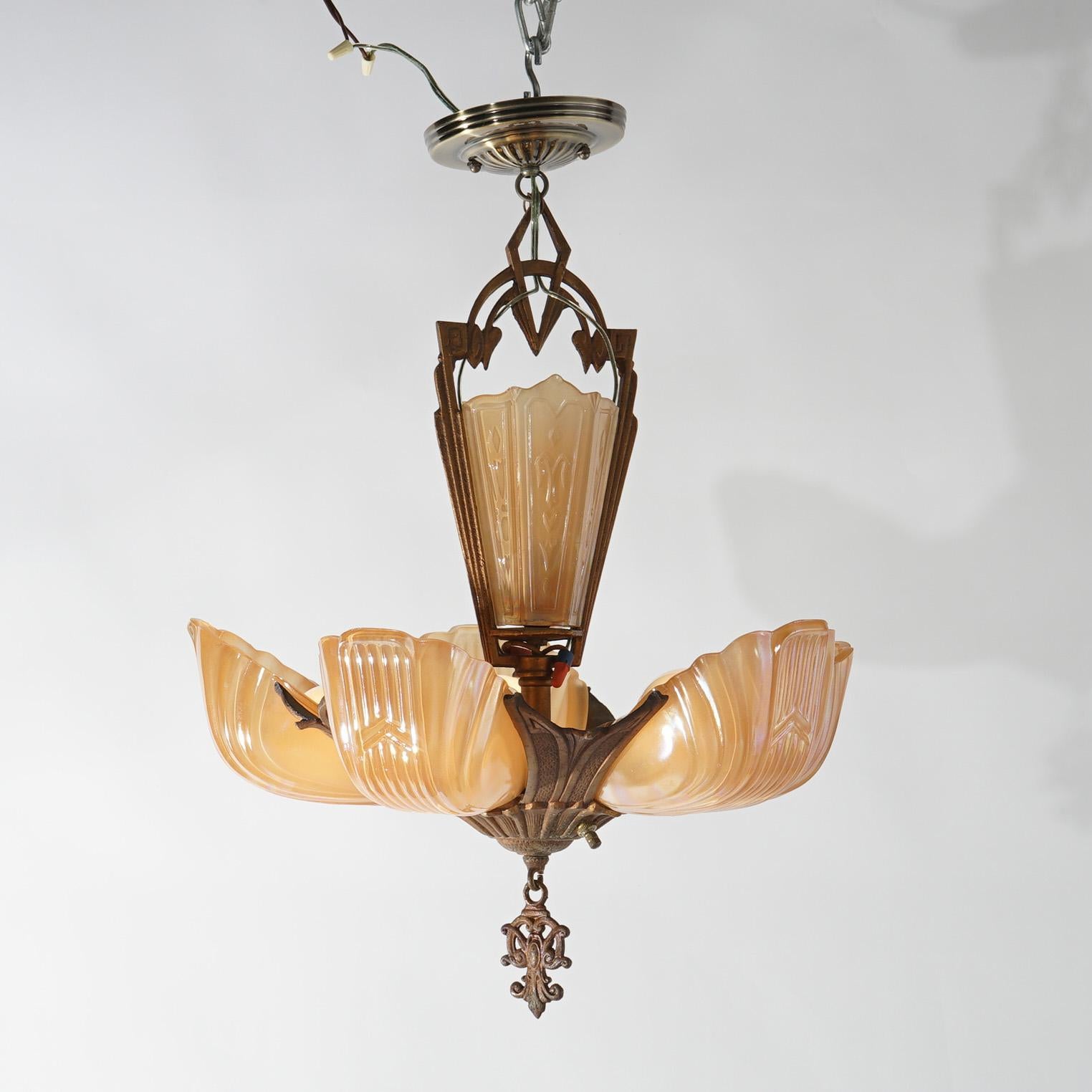 American Antique Art Deco Slip Shade Chandelier with Amber Glass Shades C1920
