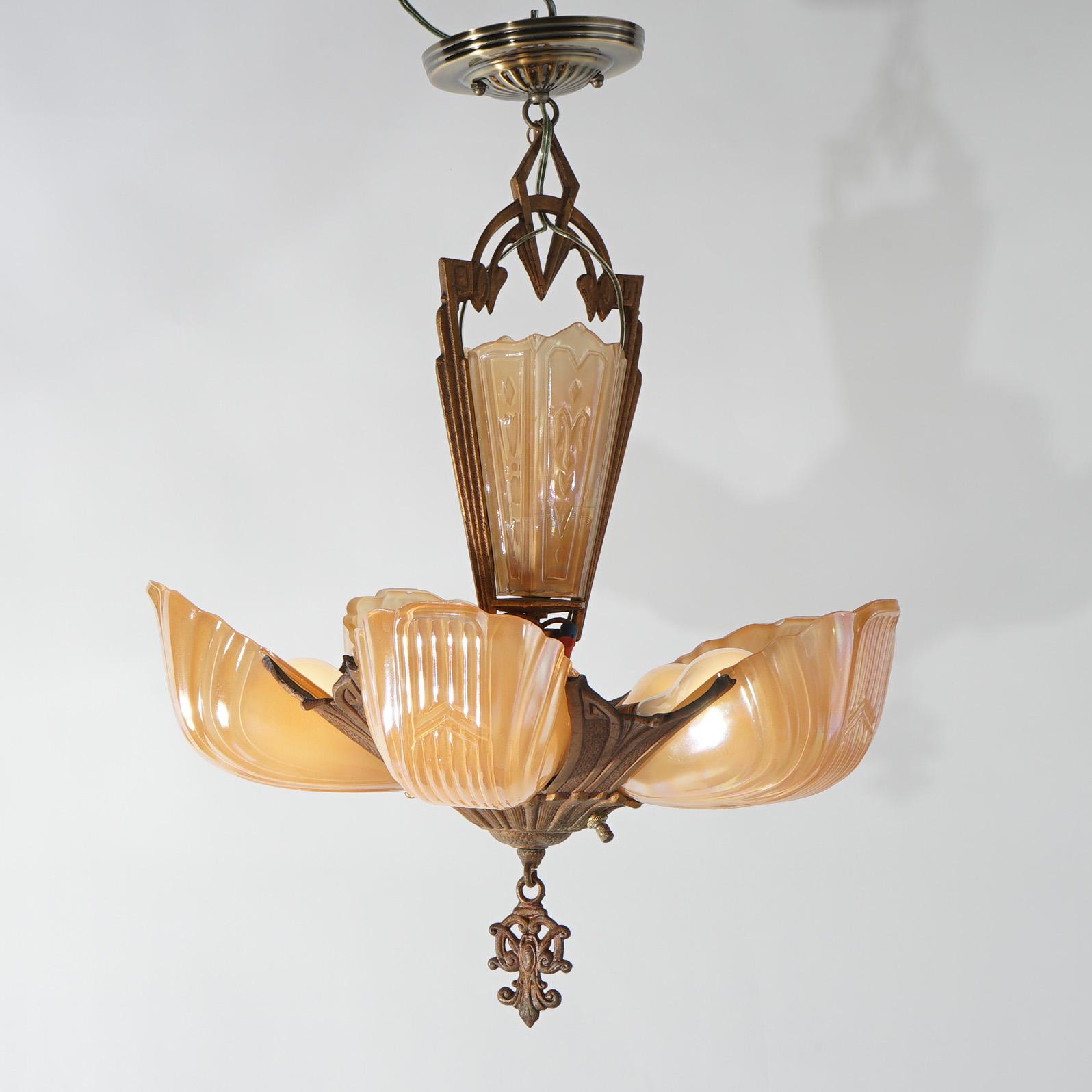 Antique Art Deco Slip Shade Chandelier with Amber Glass Shades C1920 In Good Condition In Big Flats, NY