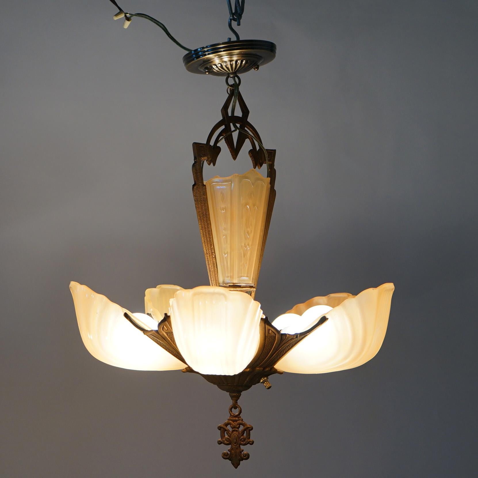 20th Century Antique Art Deco Slip Shade Chandelier with Amber Glass Shades C1920