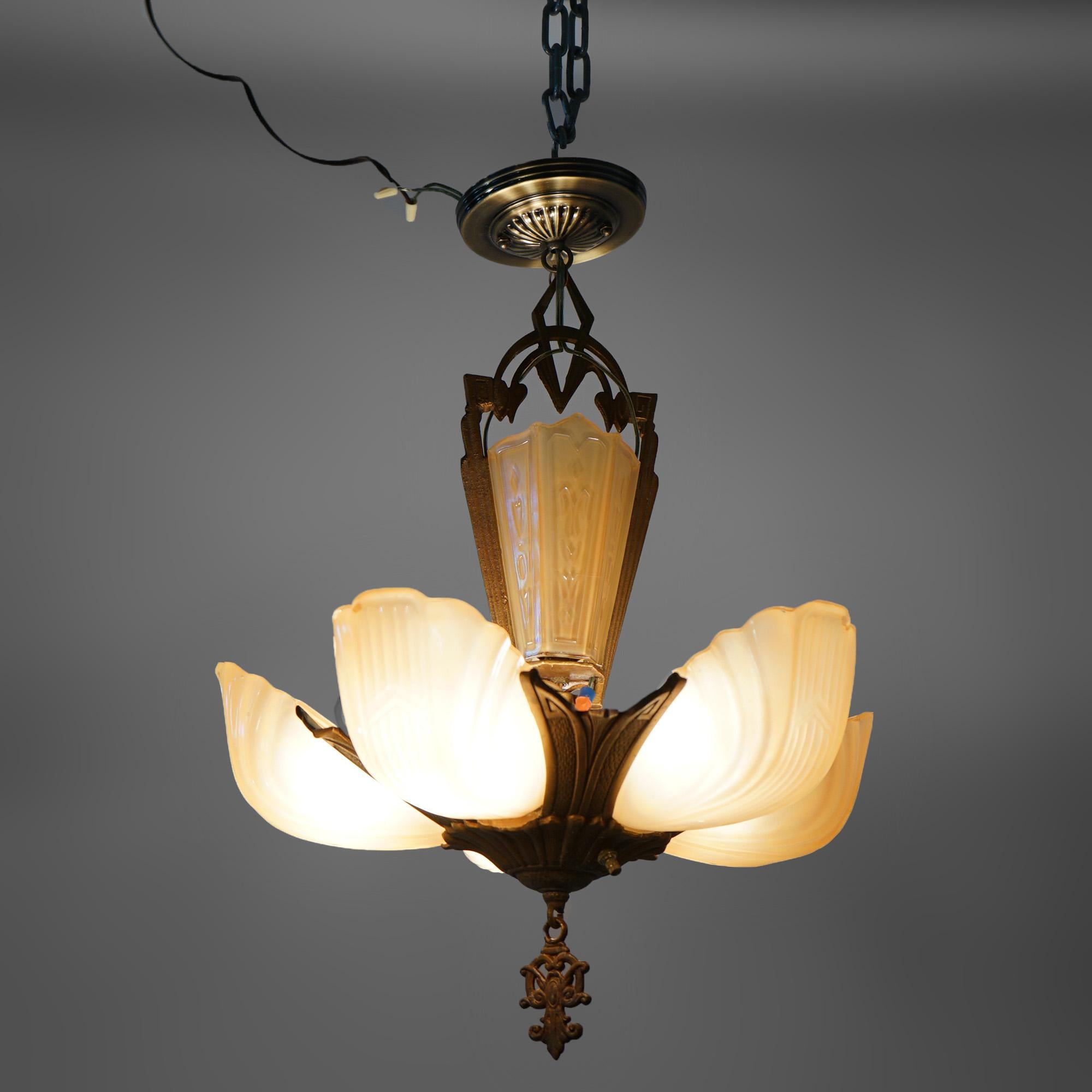 Metal Antique Art Deco Slip Shade Chandelier with Amber Glass Shades C1920