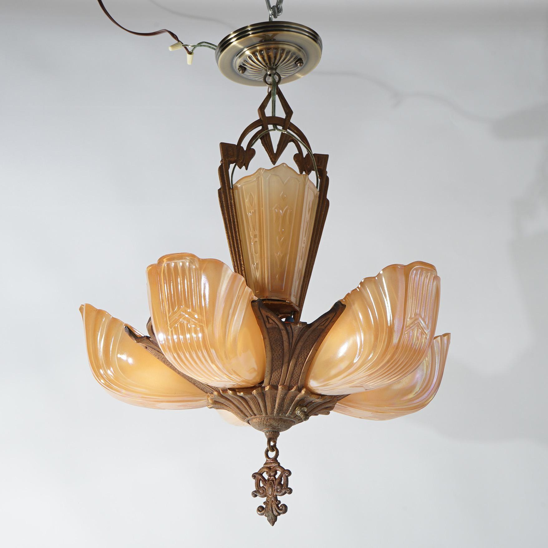 Antique Art Deco Slip Shade Chandelier with Amber Glass Shades C1920 1