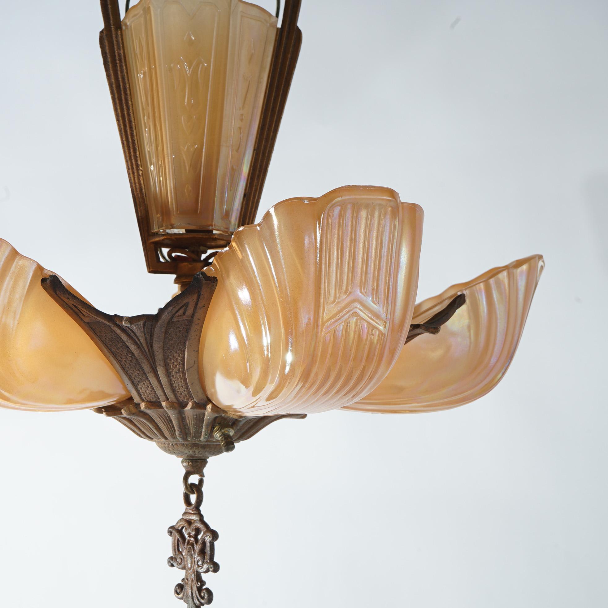 Antique Art Deco Slip Shade Chandelier with Amber Glass Shades C1920 2