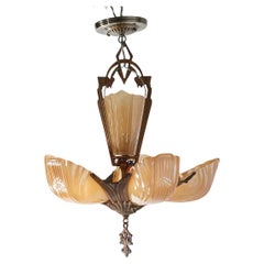 Antique Art Deco Slip Shade Chandelier with Amber Glass Shades C1920