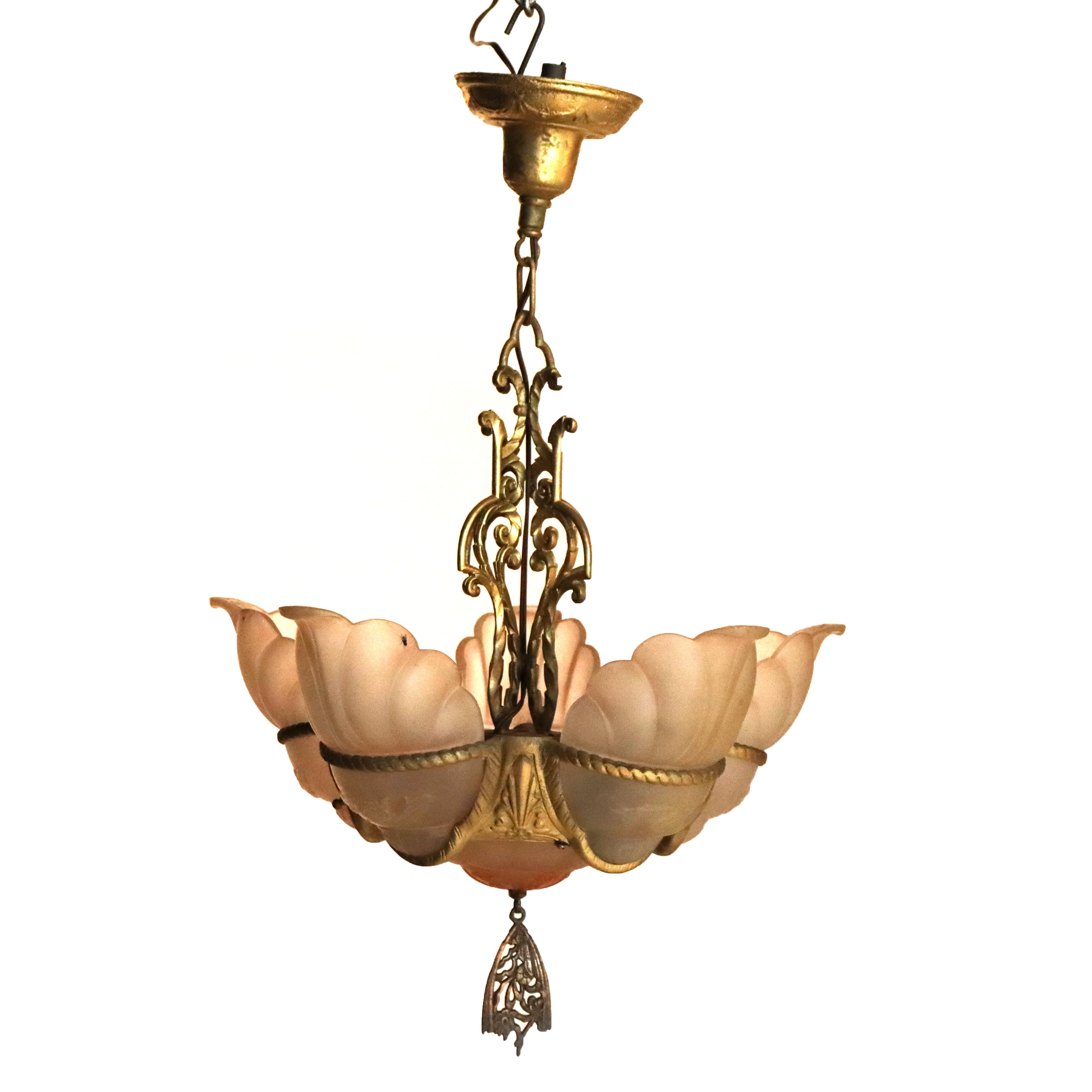 Vetro artistico Antica lampada a sospensione con paralume in stile Art Deco C1930 in vendita