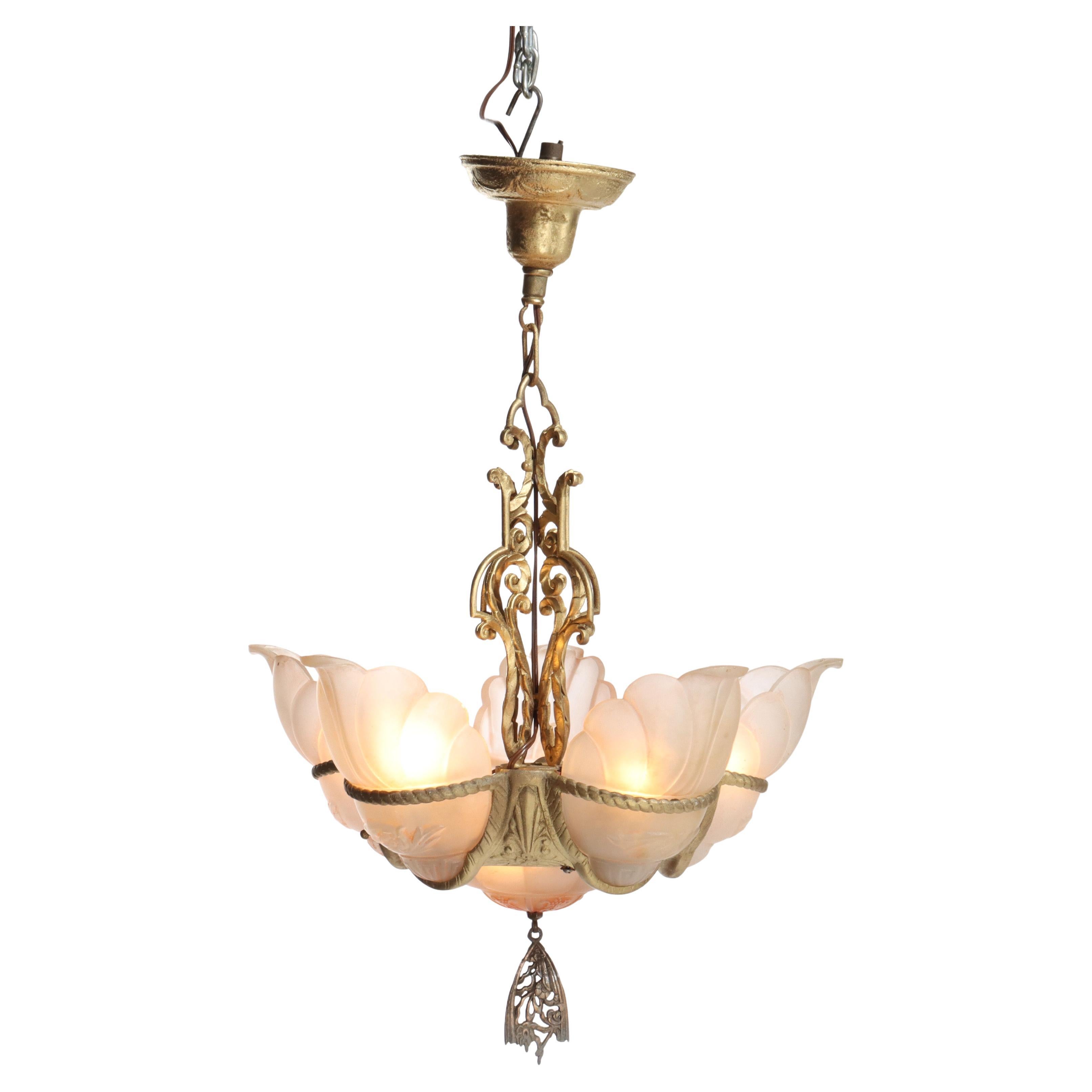 Antica lampada a sospensione con paralume in stile Art Deco C1930 in vendita