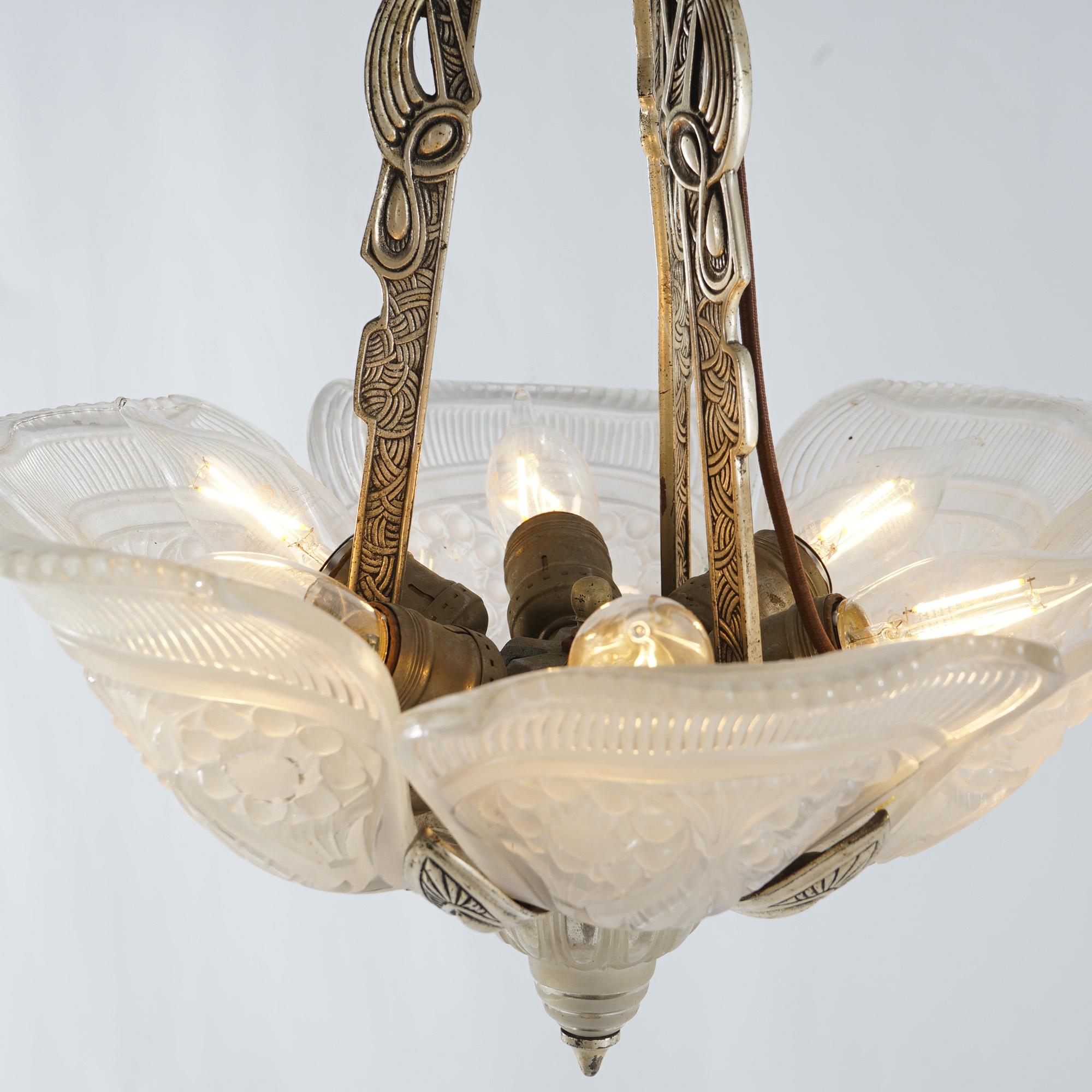 Antique Art Deco Slip Shade Hanging Light with Opalescent Pressed Glass Shades 4
