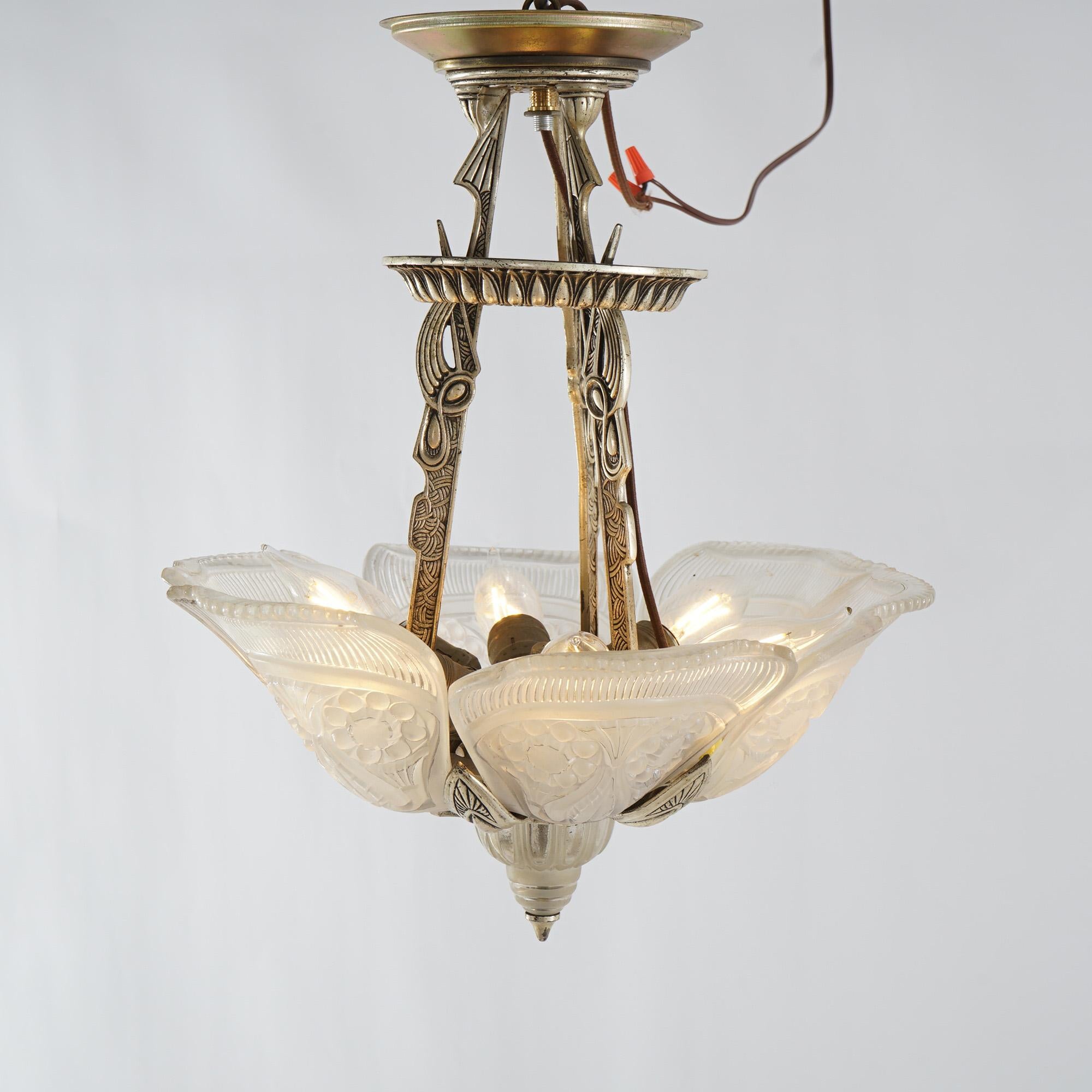 Antique Art Deco Slip Shade Hanging Light with Opalescent Pressed Glass Shades 5