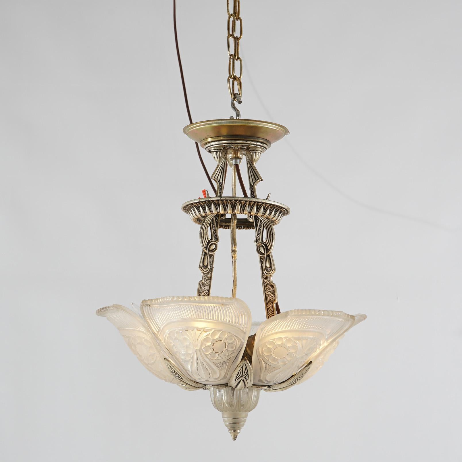An Antique Art Deco Slip Shade Hanging Light with Opalescent Floral Pressed Glass, C1920

Measures - 17
