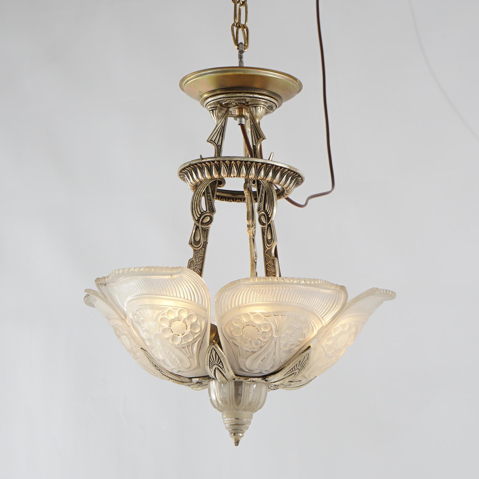 20th Century Antique Art Deco Slip Shade Hanging Light with Opalescent Pressed Glass Shades