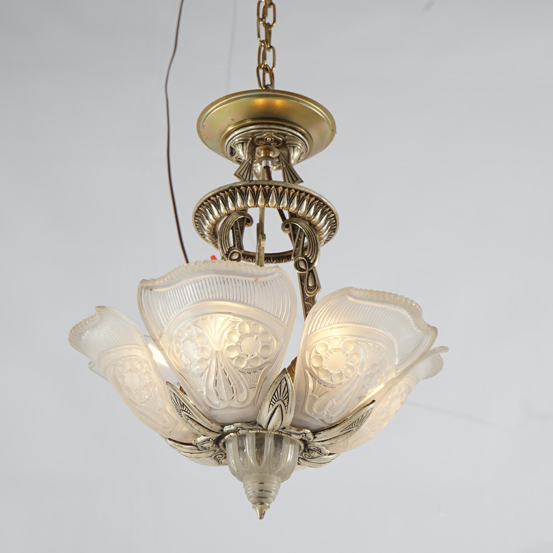Metal Antique Art Deco Slip Shade Hanging Light with Opalescent Pressed Glass Shades