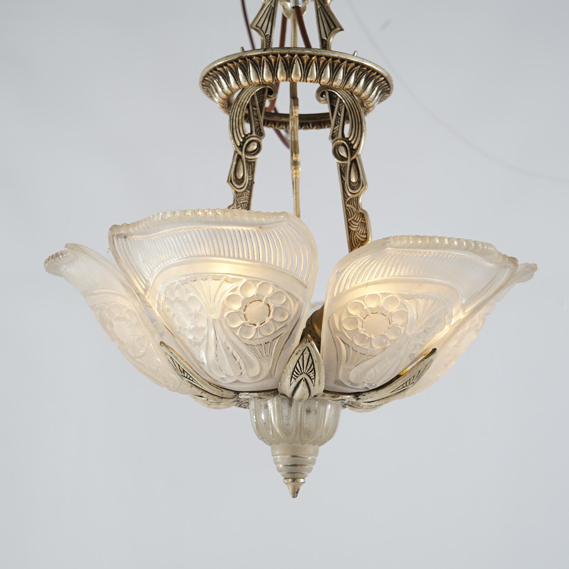 Antique Art Deco Slip Shade Hanging Light with Opalescent Pressed Glass Shades 1