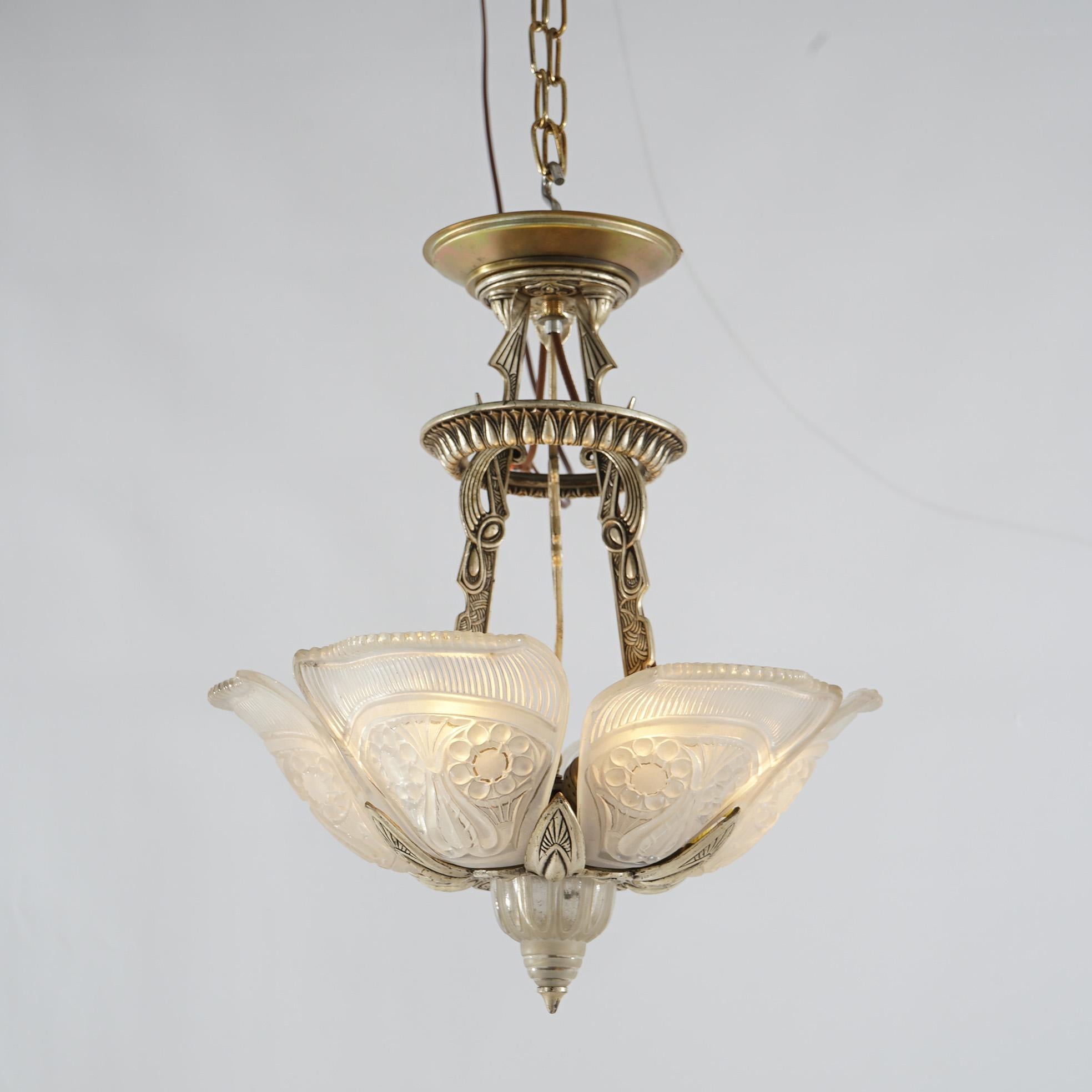 Antique Art Deco Slip Shade Hanging Light with Opalescent Pressed Glass Shades 2
