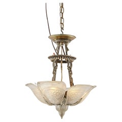Antique Art Deco Slip Shade Hanging Light with Opalescent Pressed Glass Shades