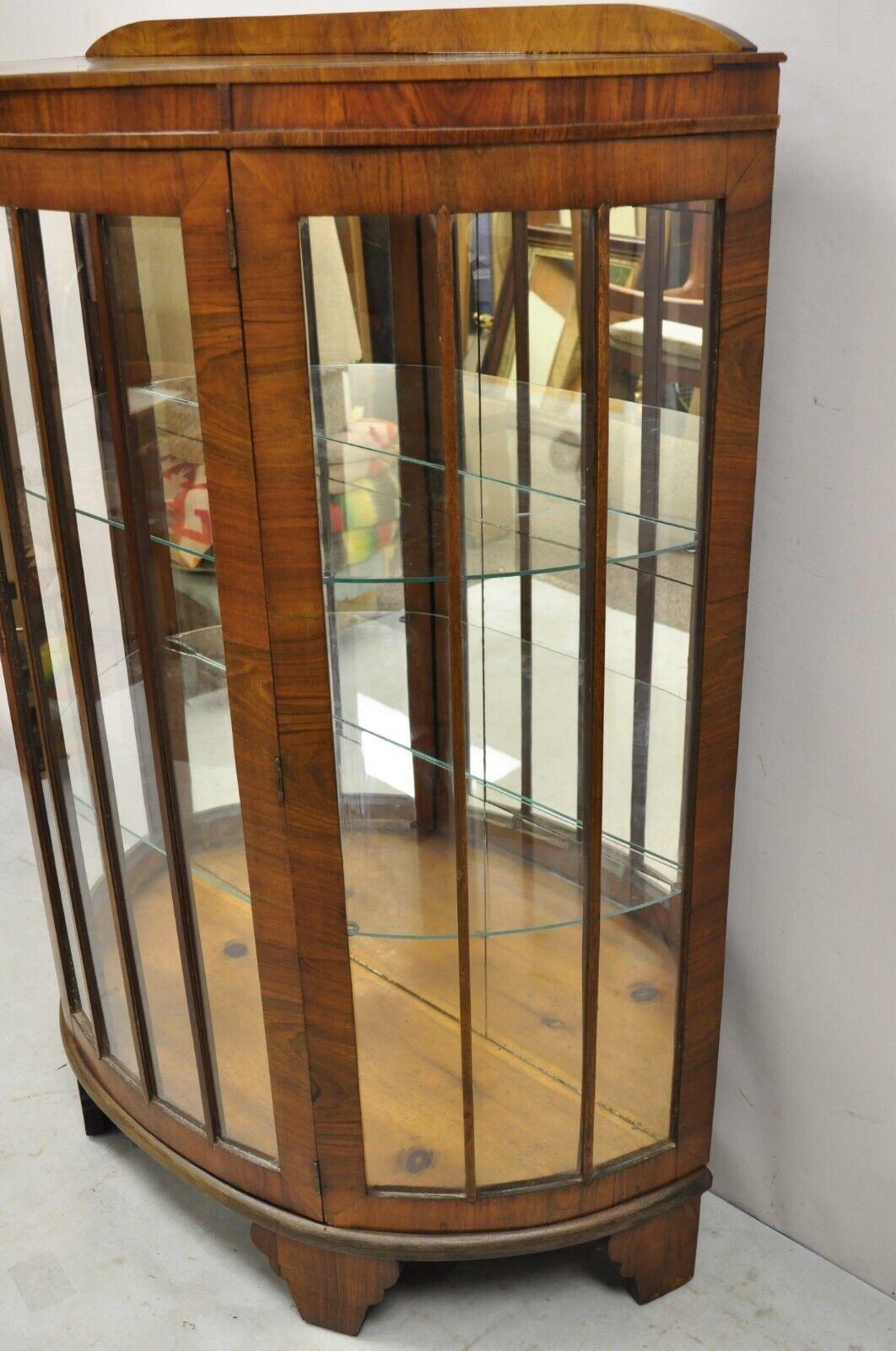 Antique Art Deco Small Half Round Demilune Walnut Curio Display Cabinet For Sale 7