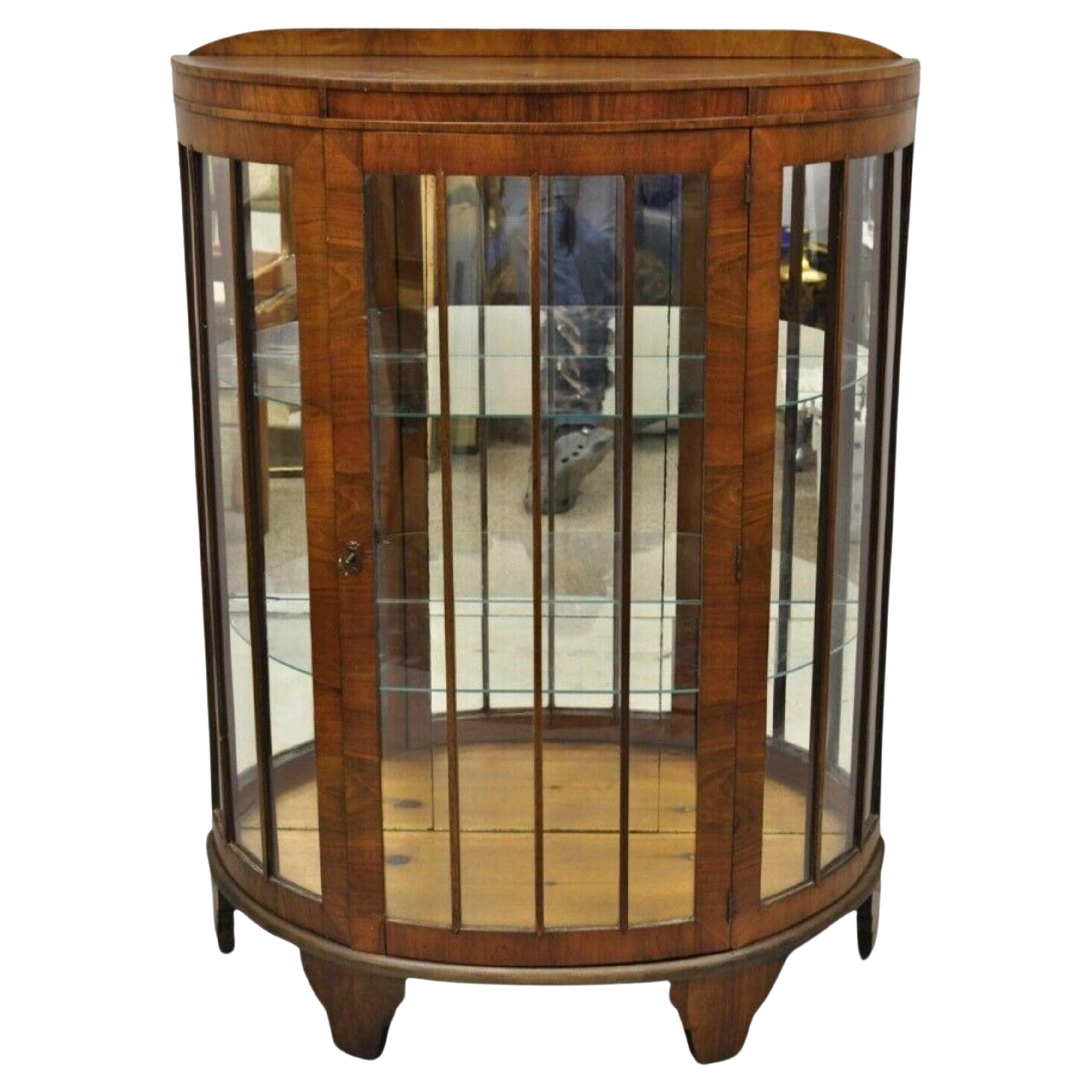 Antique Art Deco Small Half Round Demilune Walnut Curio Display Cabinet For Sale