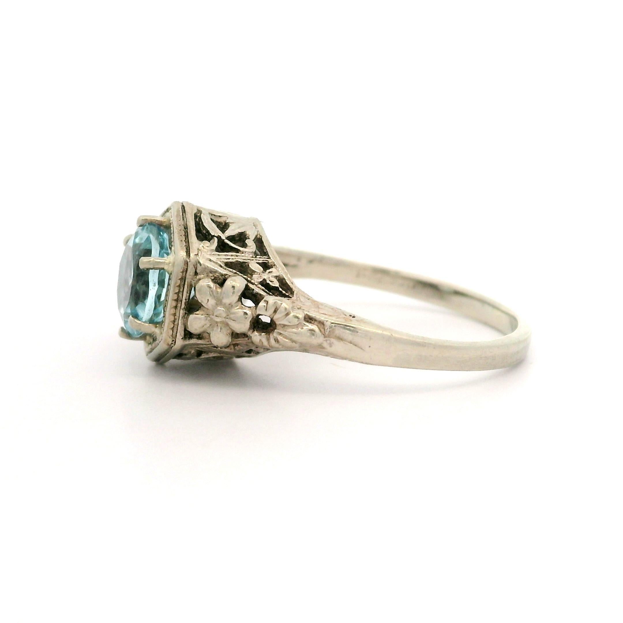Antique Art Deco Solid White Gold 1.06ct Round Aquamarine Floral Open Work Ring For Sale 6