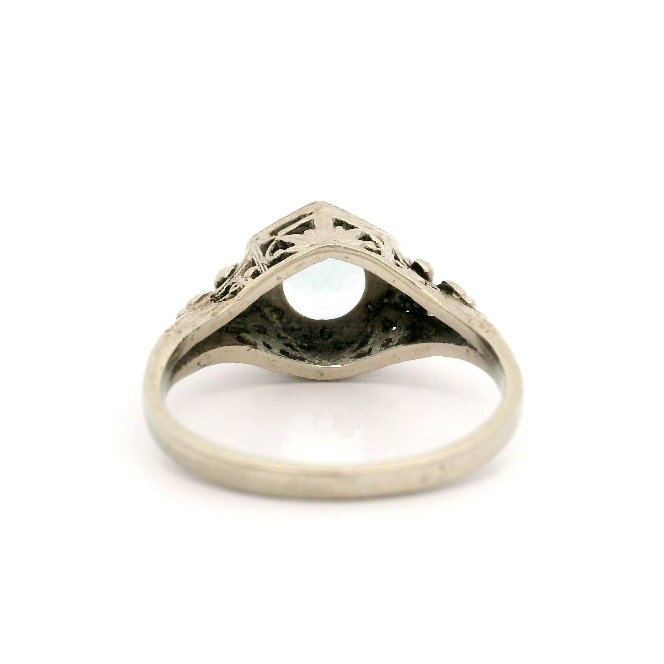 –Stone(s)–
(1) Natural Genuine Aquamarine - Round Cut - Prong Set - Nice Blue Color - 1.06ctw (approx.)

Material: Solid 14k White Gold 
Weight: 3.2 Grams
Ring Size: 6.0 ( fitted on finger, please contact us prior to purchase for sizing