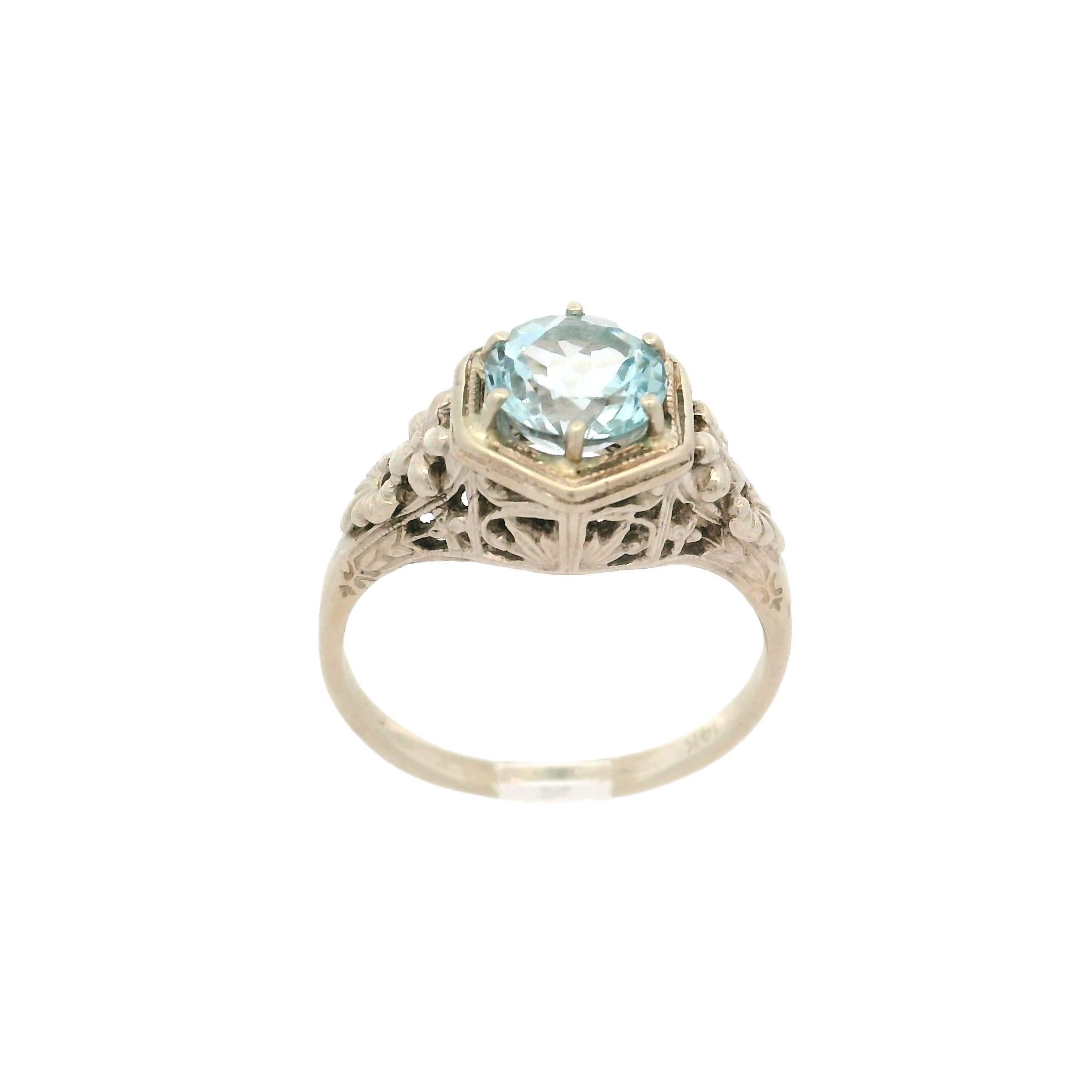 Round Cut Antique Art Deco Solid White Gold 1.06ct Round Aquamarine Floral Open Work Ring For Sale