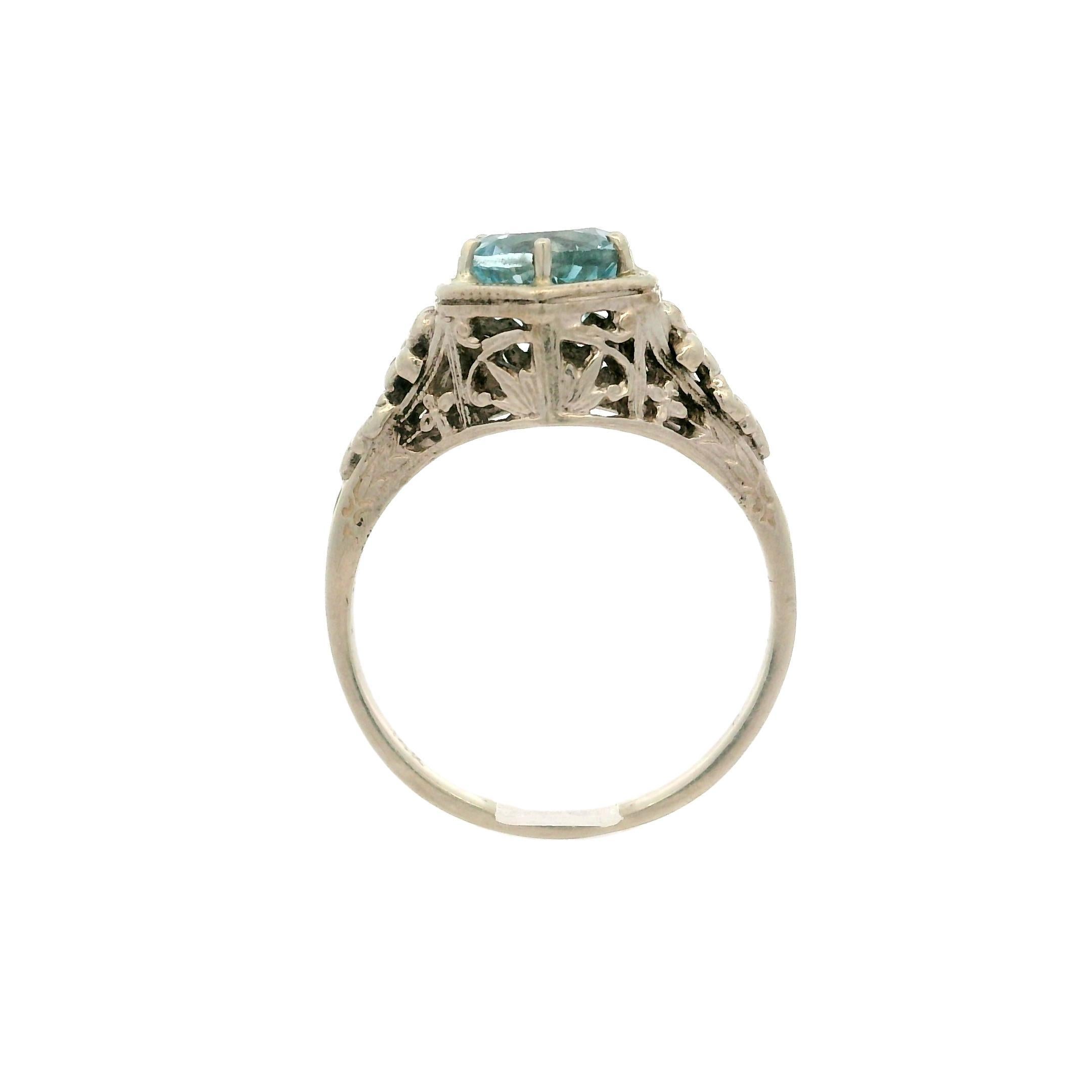 Women's Antique Art Deco Solid White Gold 1.06ct Round Aquamarine Floral Open Work Ring For Sale