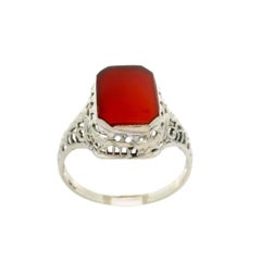 Antique Art Deco Solid White Gold Bezel Carnelian Solitaire Filigree Work Ring