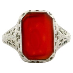 Antique Art Deco Solid White Gold Bezel Carnelian Solitaire Filigree Work Ring