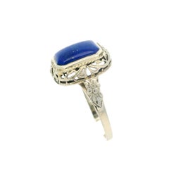 Antique Art Deco Solid White Gold Bezel Lapis Solitaire Filigree Work Ring