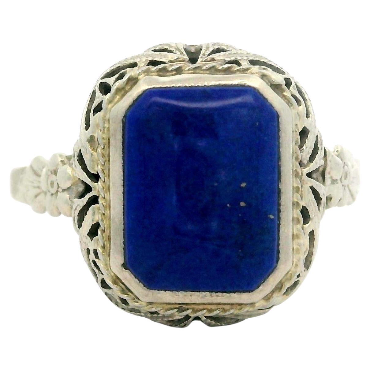Antique Art Deco Solid White Gold Bezel Lapis Solitaire Filigree Work Ring