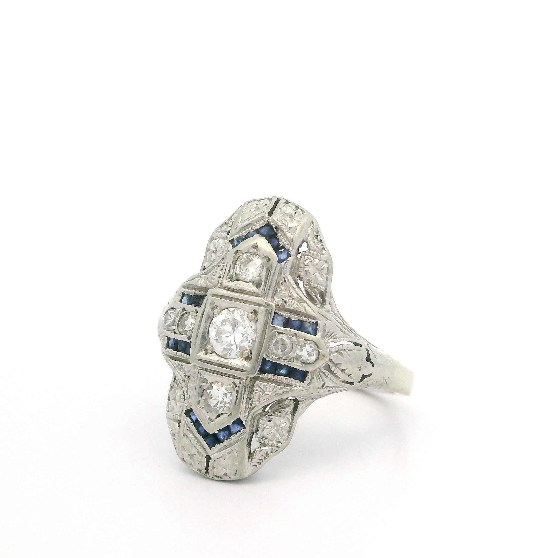 Antique Art Deco Solid White Gold Old Diamond & Sapphire Dinner Ring For Sale 6
