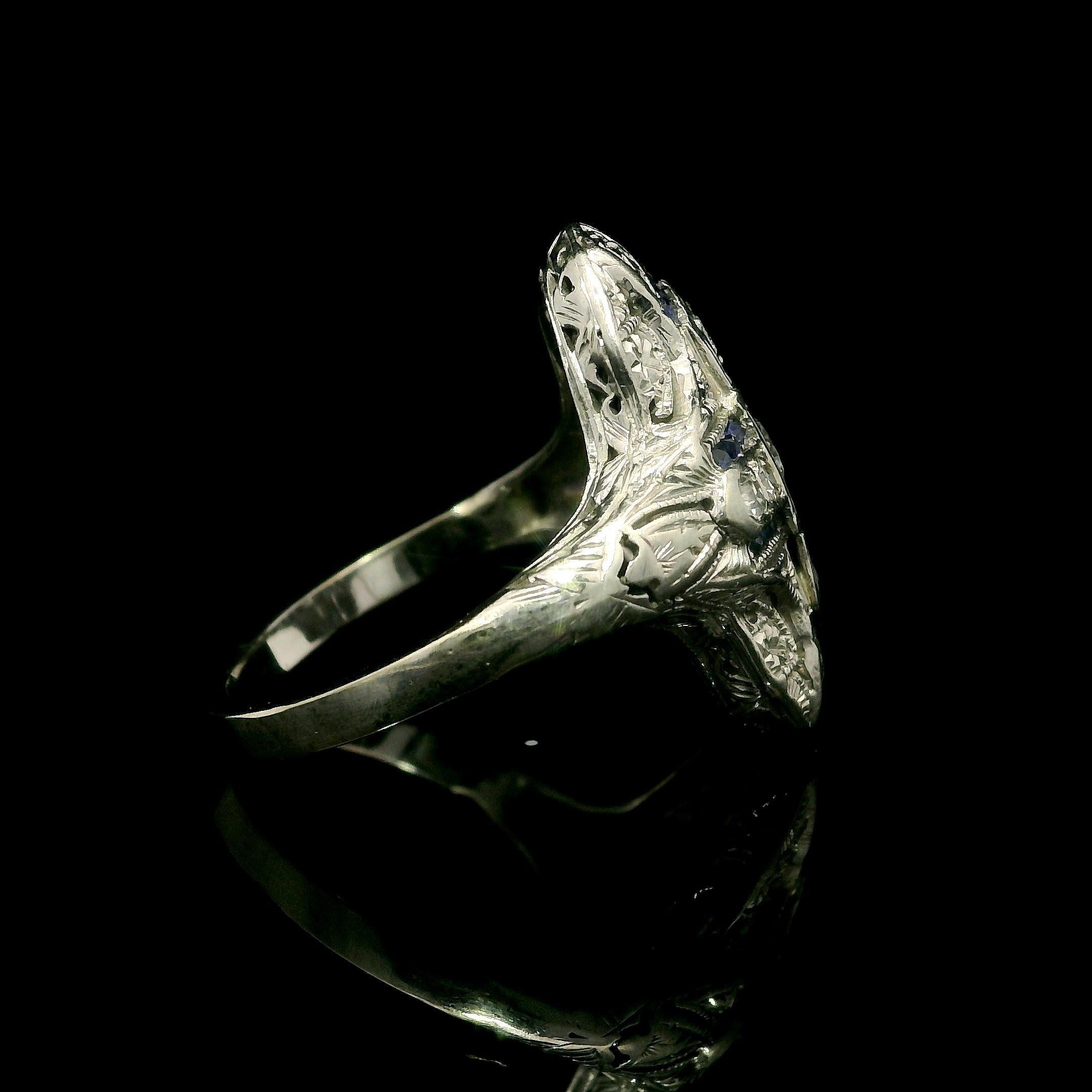 French Cut Antique Art Deco Solid White Gold Old Diamond & Sapphire Dinner Ring For Sale