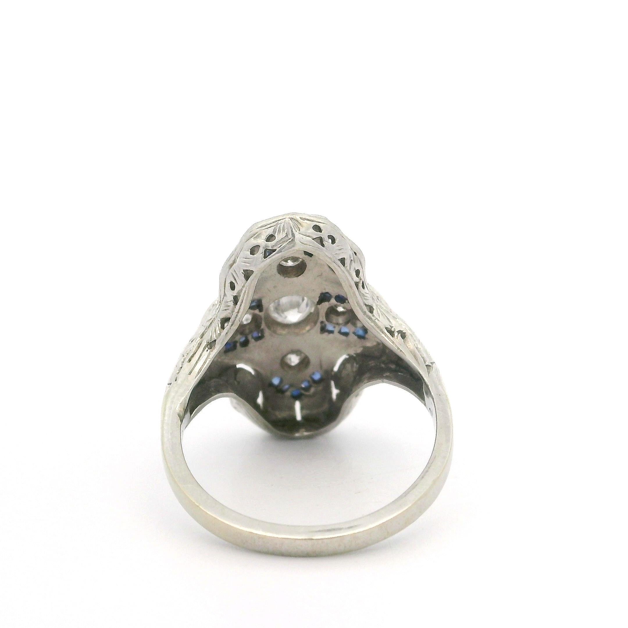Antique Art Deco Solid White Gold Old Diamond & Sapphire Dinner Ring In Good Condition For Sale In Montclair, NJ