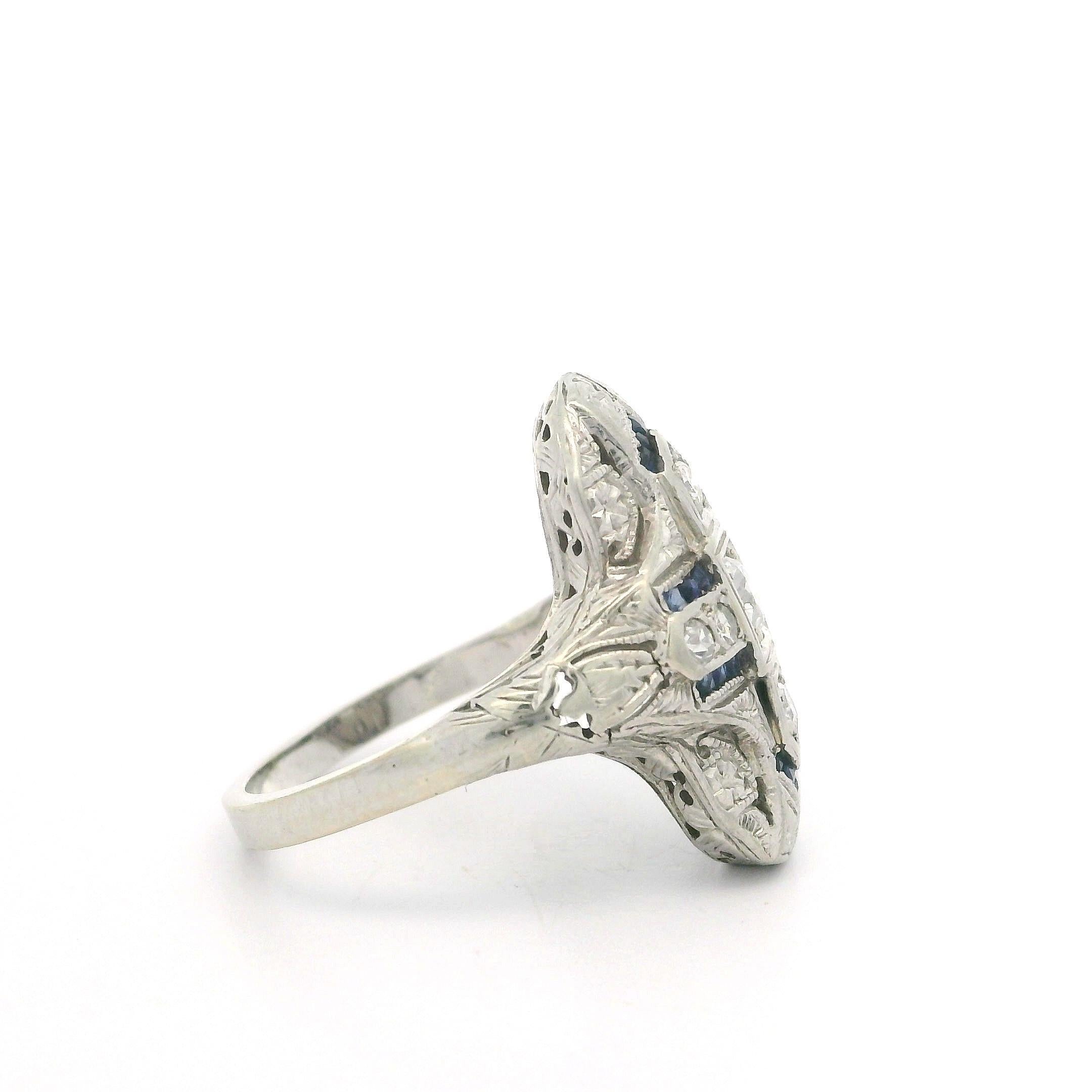 Women's Antique Art Deco Solid White Gold Old Diamond & Sapphire Dinner Ring For Sale