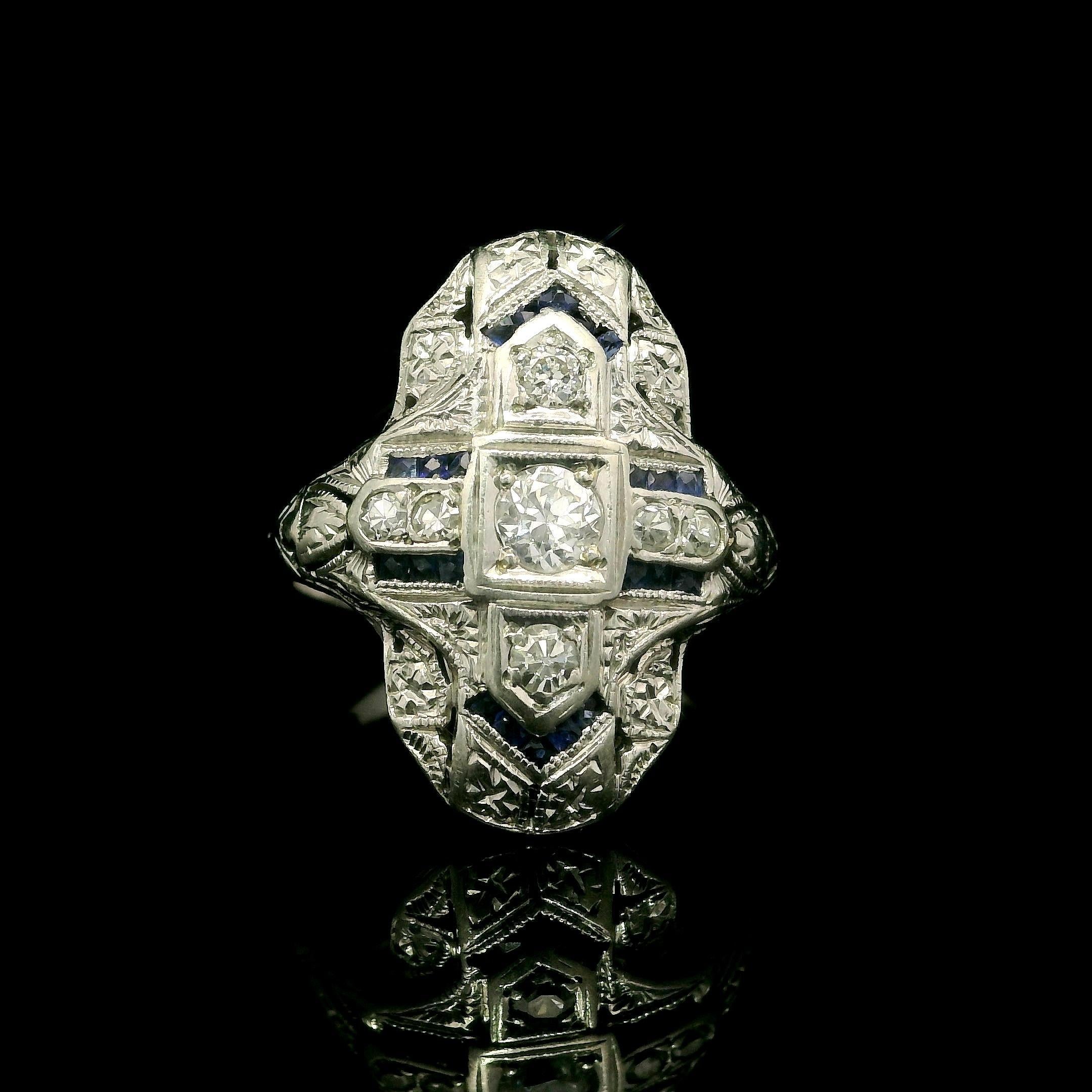 Antique Art Deco Solid White Gold Old Diamond & Sapphire Dinner Ring For Sale 1