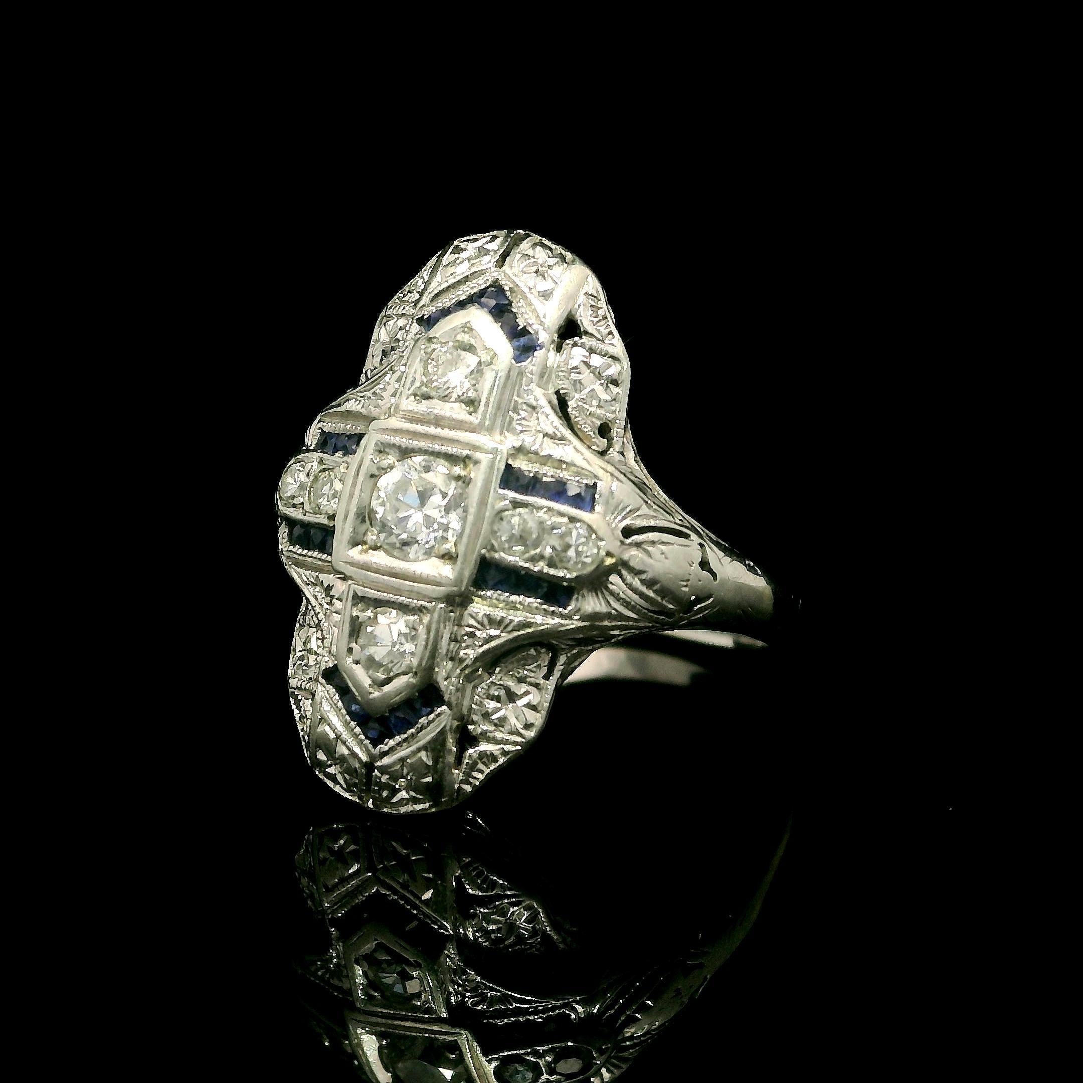 Antique Art Deco Solid White Gold Old Diamond & Sapphire Dinner Ring For Sale 2