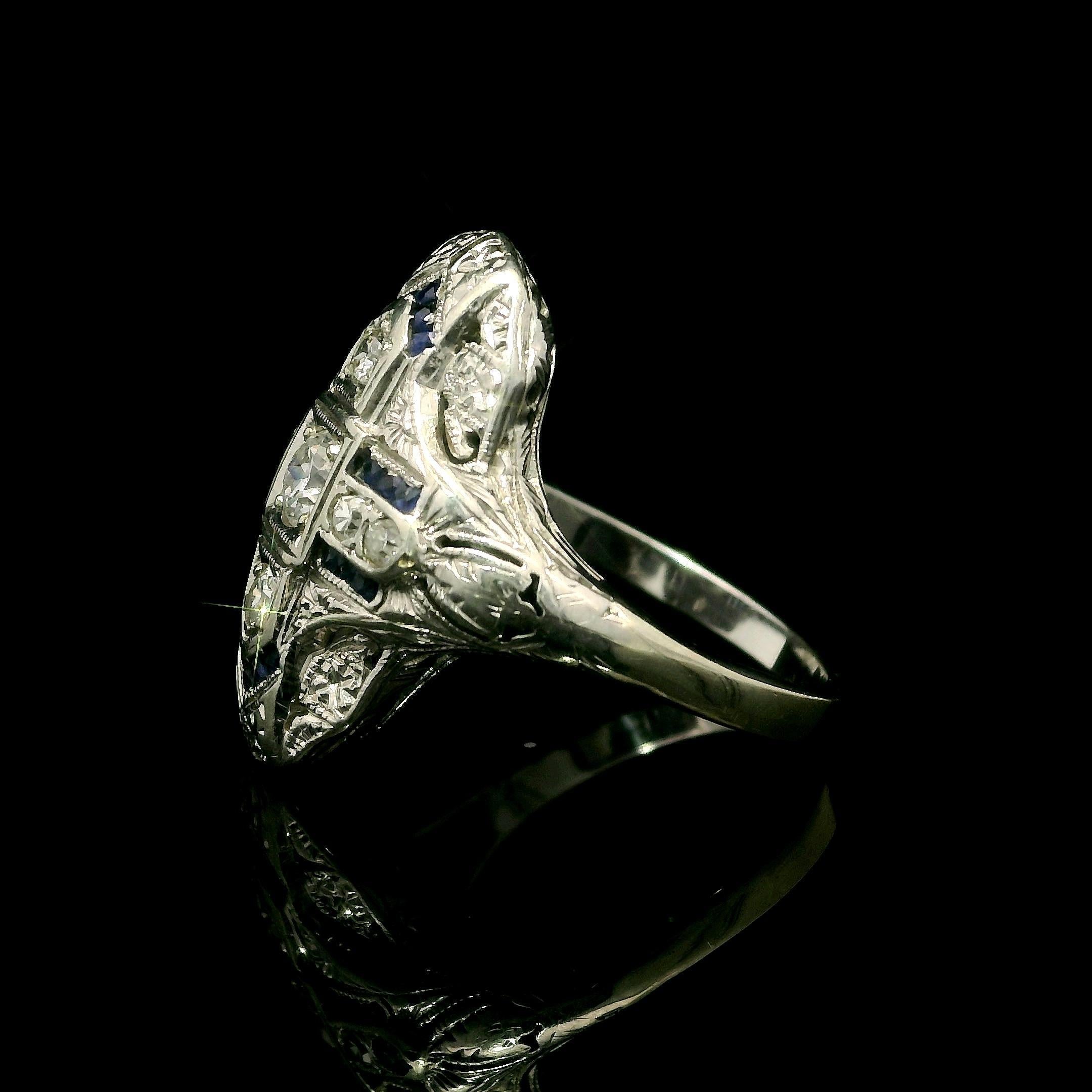 Antique Art Deco Solid White Gold Old Diamond & Sapphire Dinner Ring For Sale 3