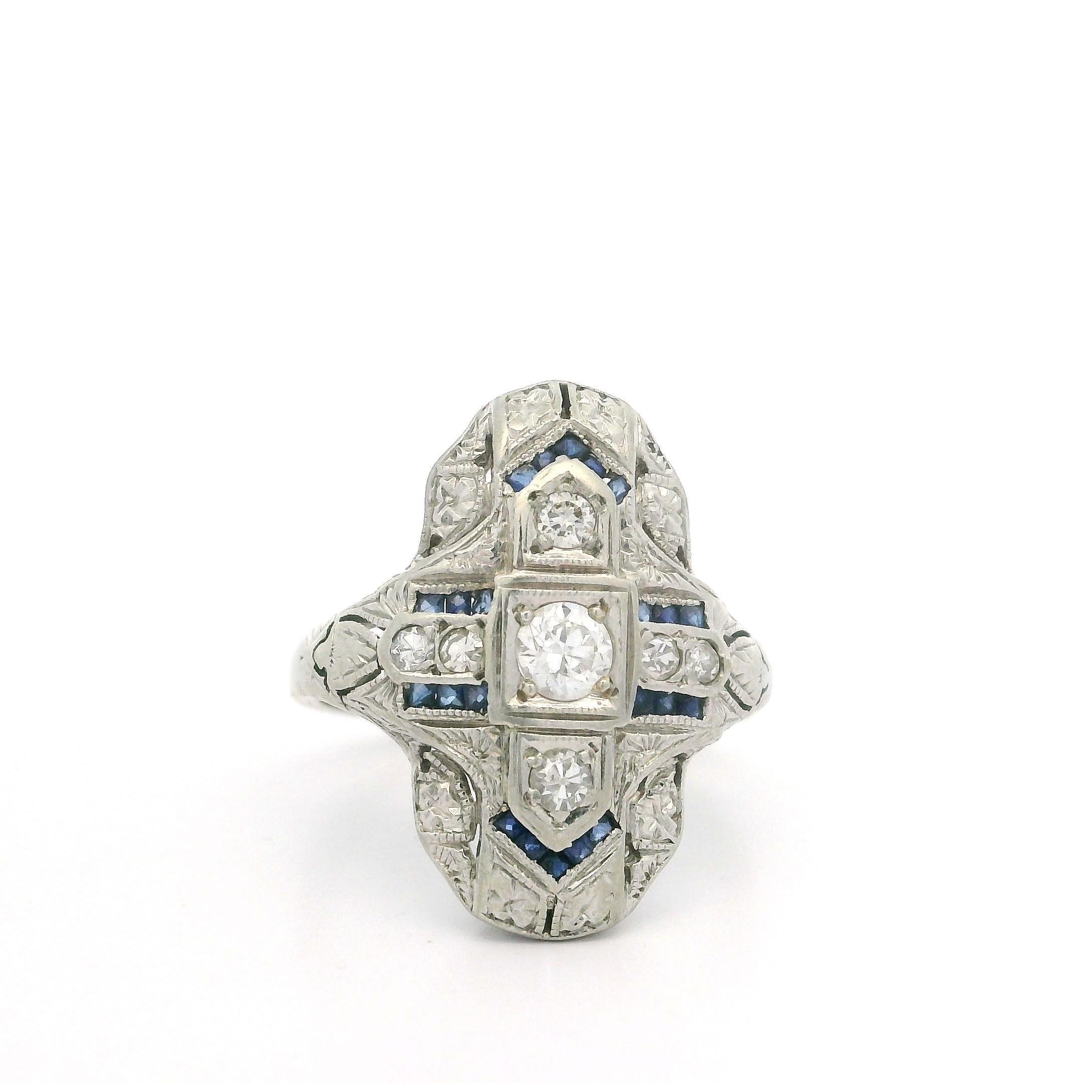 Antique Art Deco Solid White Gold Old Diamond & Sapphire Dinner Ring For Sale 4