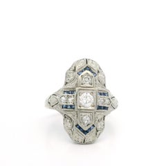 Antiguo Anillo de Cena Art Decó de Oro Blanco Macizo Antiguo con Diamantes y Zafiro