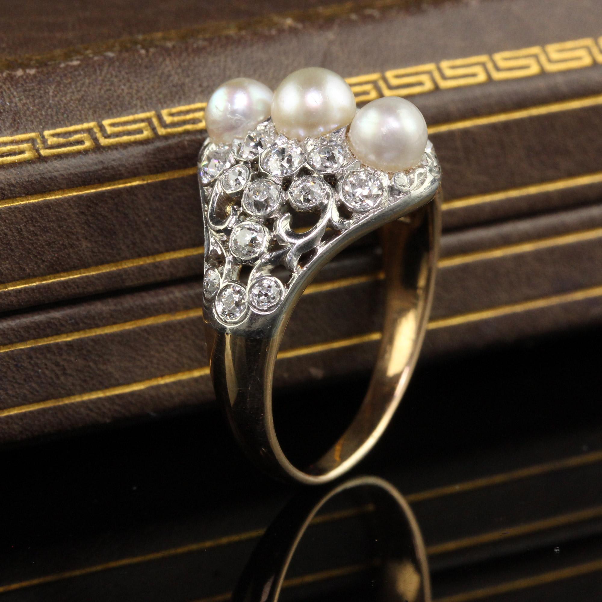 Old European Cut Antique Edwardian Spaulding and Co 18K Gold Platinum Old Euro Diamond Pearl Ring For Sale