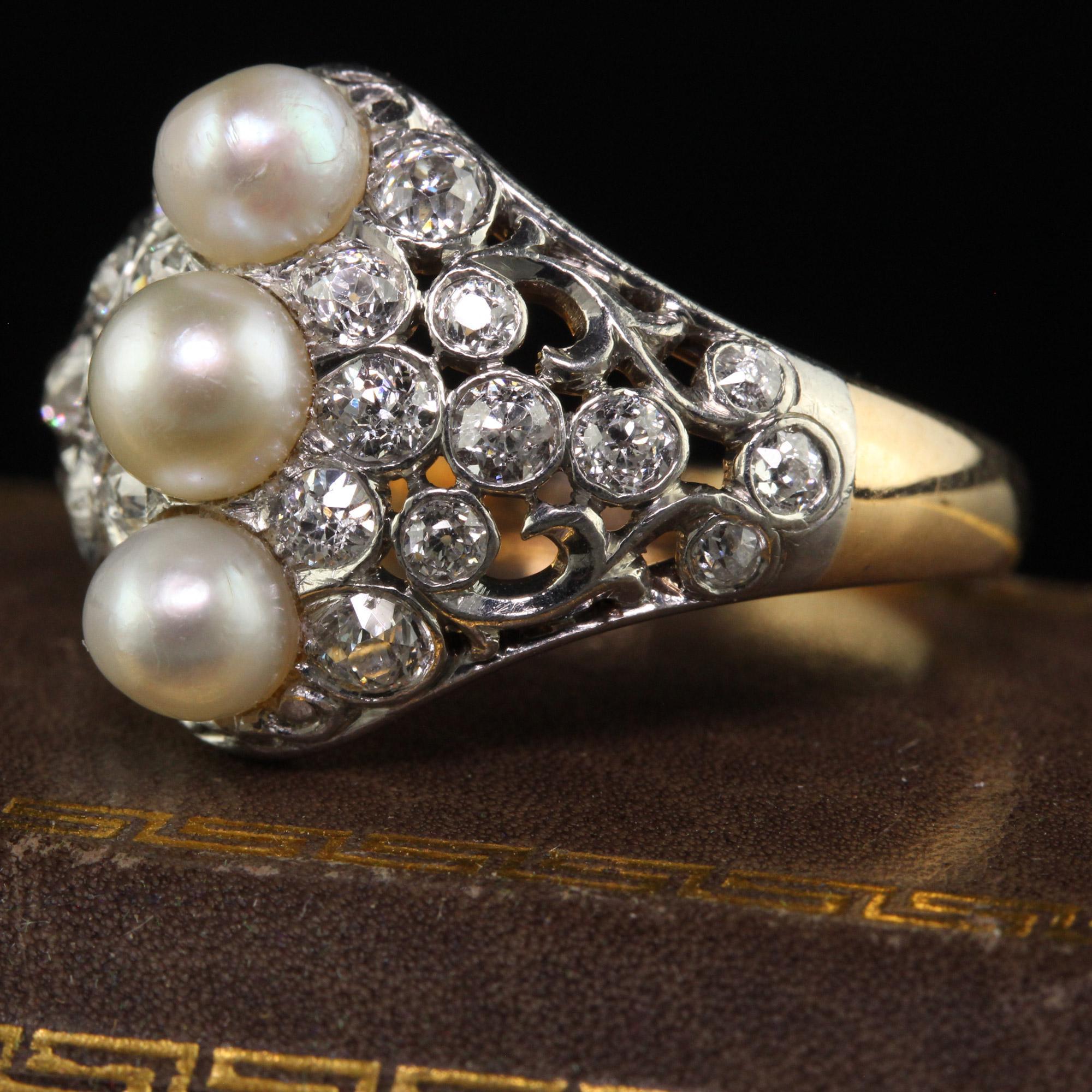 Antique Edwardian Spaulding and Co 18K Gold Platinum Old Euro Diamond Pearl Ring In Good Condition For Sale In Great Neck, NY