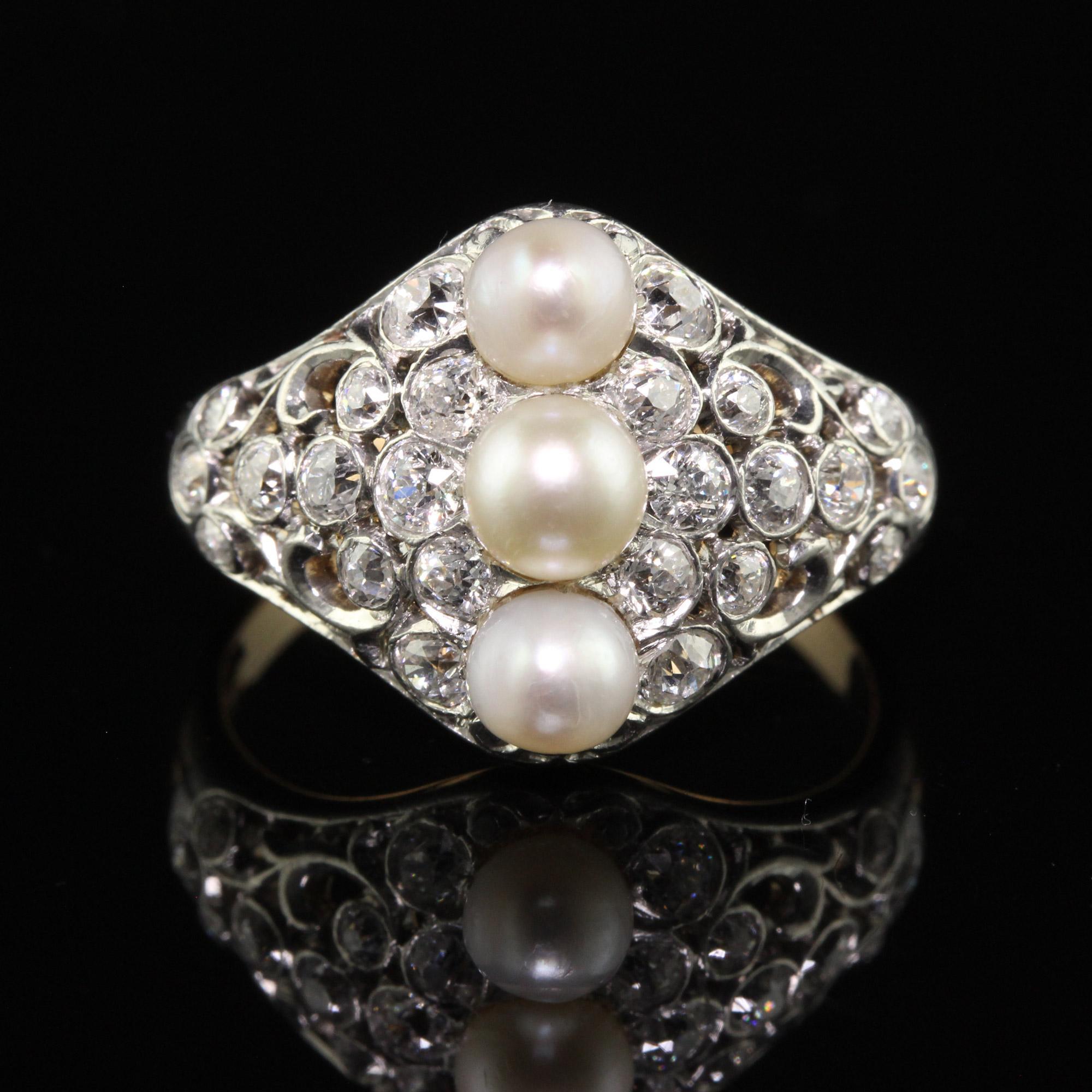 Women's Antique Edwardian Spaulding and Co 18K Gold Platinum Old Euro Diamond Pearl Ring For Sale